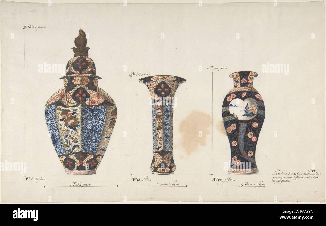 Design für drei Vasen. Künstler: Anonym, Französisch, 18. Abmessungen: 14 7/8 x 9 3/16 in. (37,8 x 23,3 cm). Datum: Ca. 1770-85. Museum: Metropolitan Museum of Art, New York, USA. Stockfoto