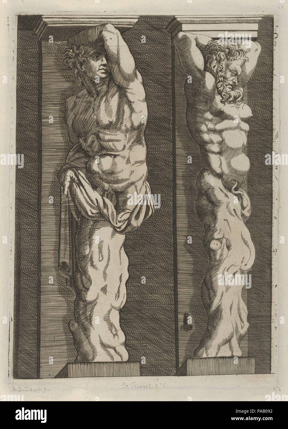 Zwei Begriffe. Artist: Master PS (Italienisch oder Französisch, aktive 1530 s); Nach Polidoro da Caravaggio (Italienisch, Caravaggio Ca. 1499-ca. 1543 Messina) (?). Abmessungen: Platte: 10 11/16 x 7 1/2 in. (27,1 × 19 cm). Datum: 1538. Drucken Sie aus einer Reihe von vier mit Entwürfen für Begriffe, Gedanken nach dem Polidoro da Caravaggio. Jede Platte zeigt zwei Designs für Begriffe. Diese Platte zeigt zwei männlichen Bezeichnungen, die von den unteren Teil ihrer Zusammensetzung, die wie ein Baumstamm geprägt ist. Der Ausdruck auf der rechten Seite ist ein Satyr, in 3/4-Ansicht angezeigt. Die Abbildung auf der linken Seite, erinnert an die Haltung der Apollo Belvedere und Mi Stockfoto