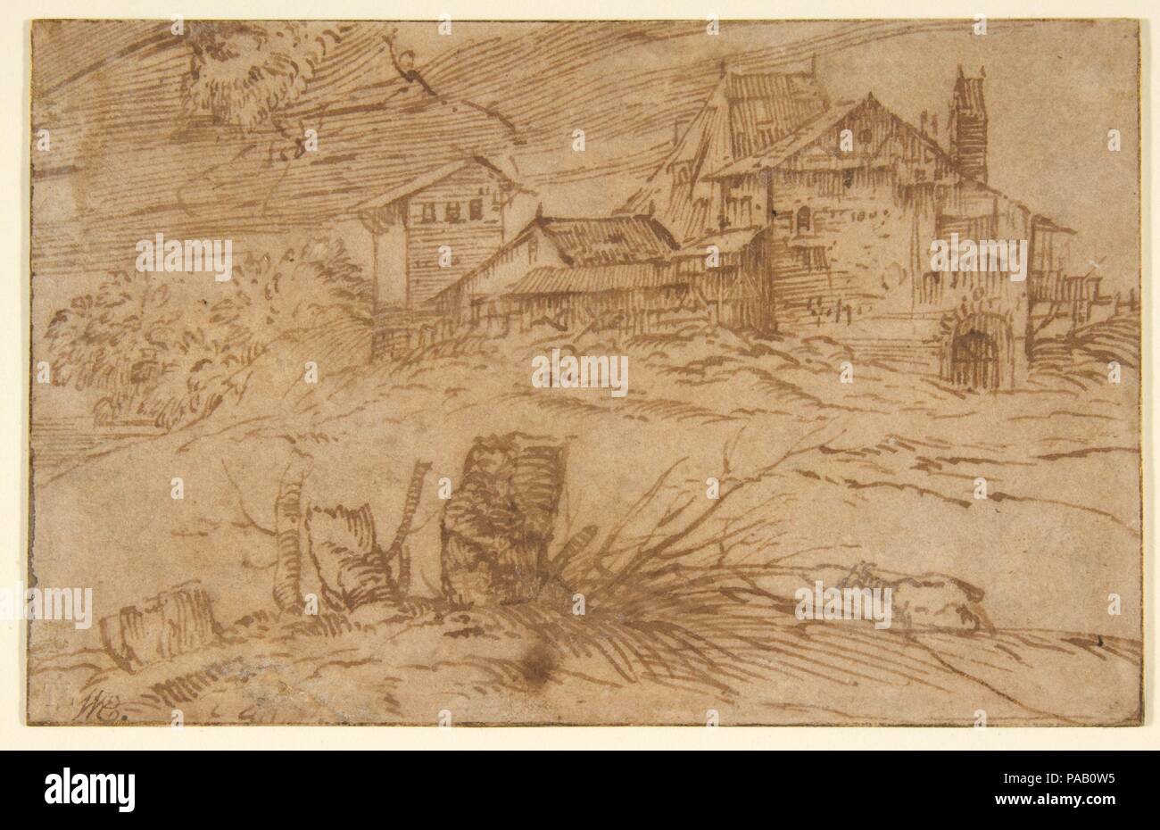 Landschaft mit einer Ziege. Artist: Tizian (Tiziano Vecellio) (Italienisch, Pieve di Cadore Ca. 1485/90?-1576 Venedig). Abmessungen: 3 13/16 x 6 in. (9,7 x 15,3 cm). Datum: 1500-1511. Zeichnungen von Tizian sind äußerst selten, und dieses herrliche Studie ist eine der wenigen Seiten, die plausibel, die ihm zugeschrieben werden kann. Obwohl es getrimmt wurde (das Fragment in der oberen linken hat auf verschiedene Art und Weise interpretiert worden, aber sicher stellt die untere Hälfte der Kopf eines bärtigen Mannes), die Skizze ist ein schönes Beispiel für Tizians kraftvoll und bewegend Zeichenstil. Die poetischen Behandlung der Landschaft spiegelt t Stockfoto