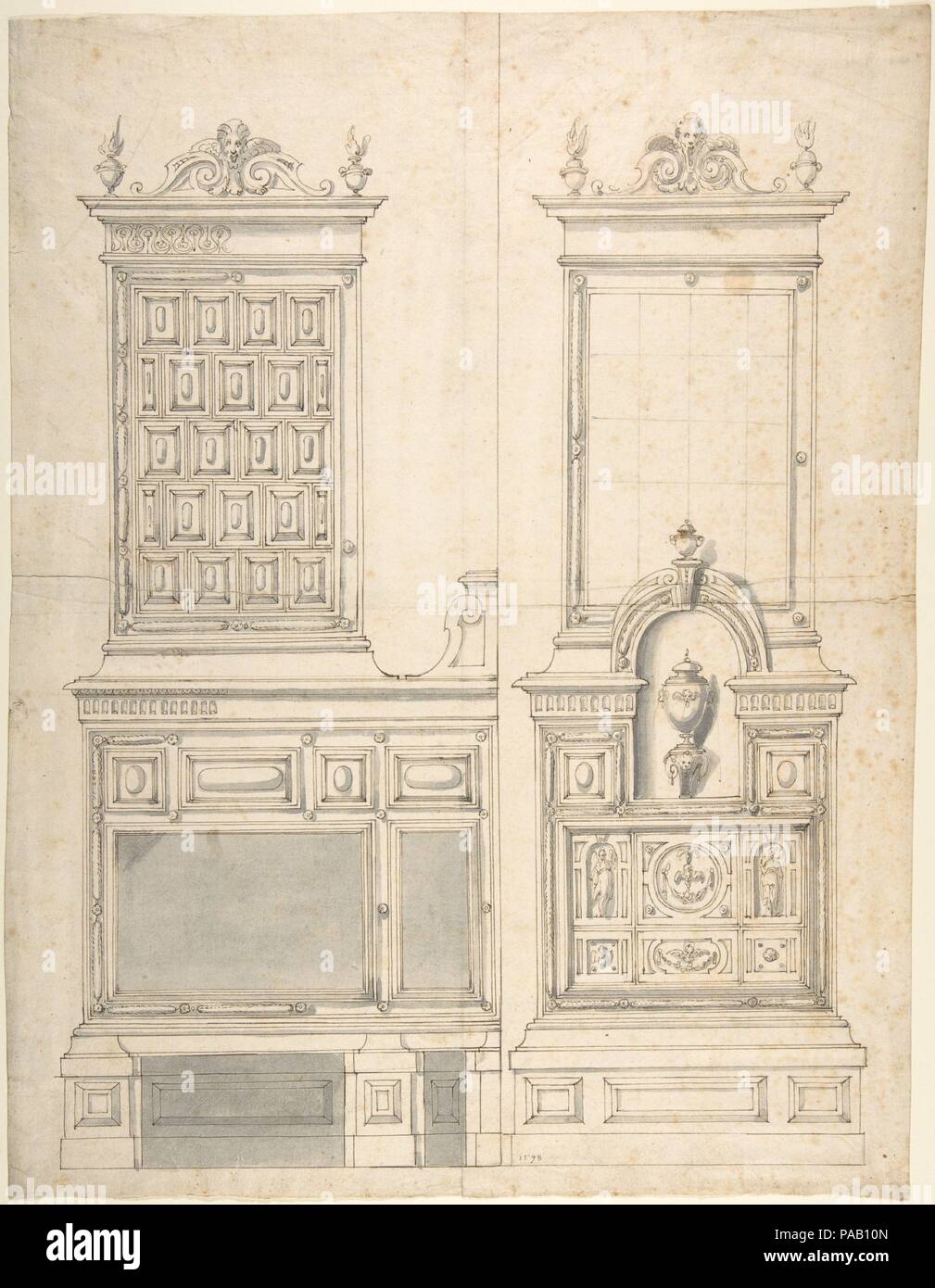 Design für einen Herd und Wandbrunnen (?). Artist: Werkstatt von Friedrich Sustris (Niederländischen (evtl. Italien geboren), Venedig (?) Ca. 1540-1599 München). Abmessungen: 15 3/4 x 12 1/4 in. (40 x 30,9 cm). Ehemalige Attribution: Früher, Anonym, Deutsche, 16. Jahrhundert zugeschrieben. Datum: 1598. Dieses Blatt enthält zwei Zeichnungen durch eine dünne vertikale Linie in der Mitte getrennt. Es ist nicht ganz klar, ob Sie zwei Ansichten des gleichen Objekt darstellen, oder ob sie in der Tat zwei verschiedene Elemente der Innenausstattung. Das Design auf der linken Seite ist deutlich erkennbar, wie die Seitenansicht eines großen s Stockfoto