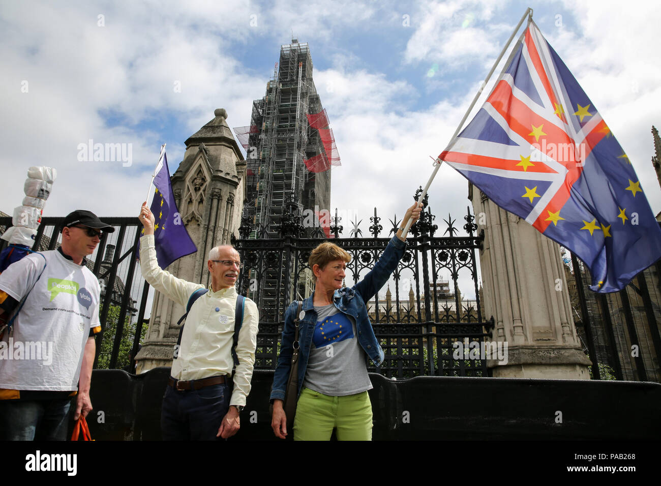 Pro-EU-Befürworter zeigt außerhalb des Parlaments als MPs Debatte Brexit Herren Änderungen von der Rücknahme Rechnung. Die Regierung verlor die Abstimmung in der Herren über eine Änderung MPs eine "sinnvolle Abstimmung "auch wenn die Regierung eine Brexit Angebot zu erreichen. Mit: Atmosphäre, Wo: London, Großbritannien Wann: 20 Jun 2018 Credit: Dinendra Haria/WANN Stockfoto