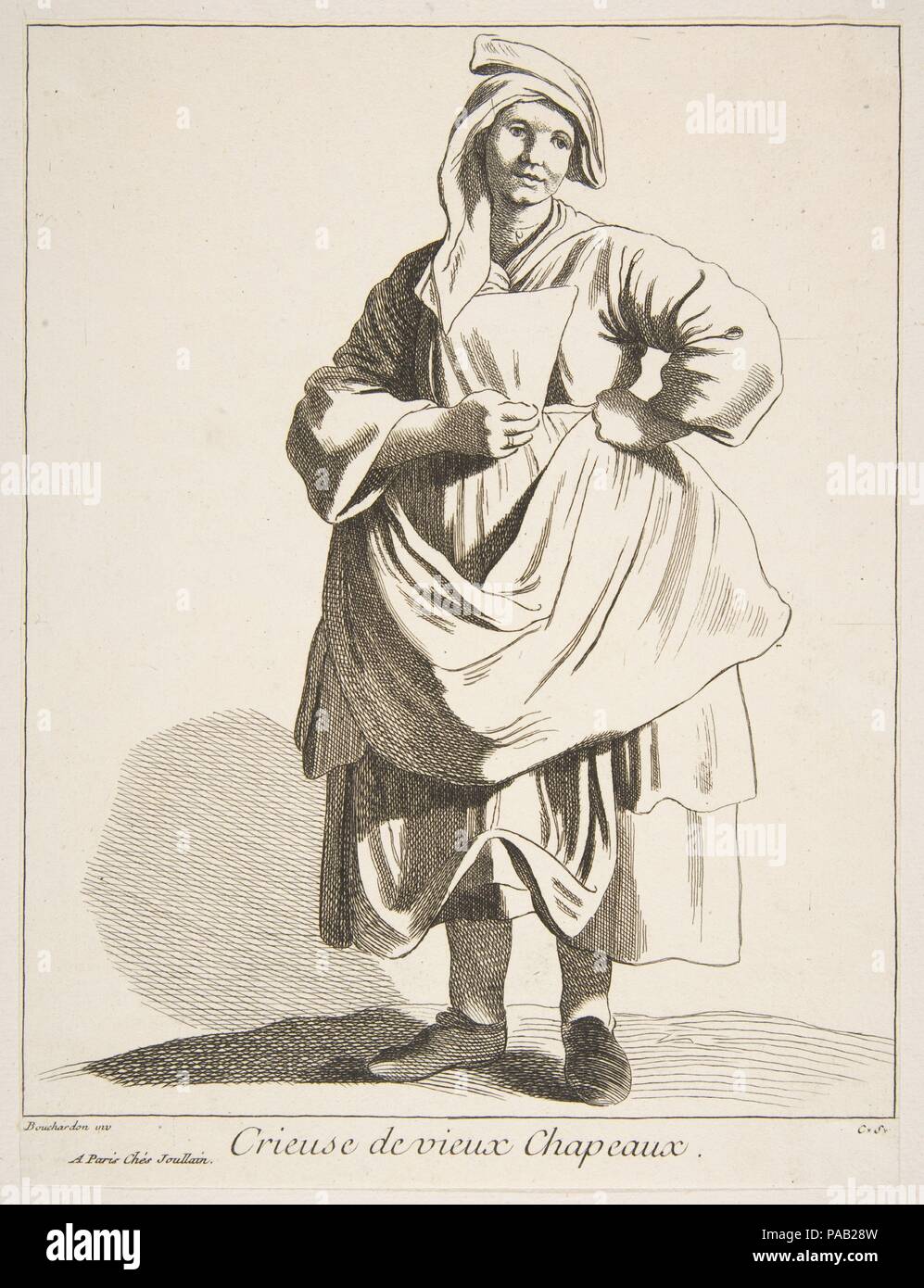 Hausierer von alten Hüten. Artist: Anne Claude Philippe de Tubières, comte de Caylus (Französisch, Paris 1692-1765 Paris); Nach Edme Bouchardon (Französisch, Chaumont 1698-1762 Paris); François Joullain (Französisch, Paris 1697-1778 Paris). Maße: Blatt: 9 1/4 x 7 in. (23,5 x 17,8 cm) Bild: 8 11/16 x 6 15/16 in. (22 x 17,6 cm). Serie/Portfolio: Schreie von Paris: Vierter Satz (Études Pries dans le Bas Peuple où les Cris de Paris: der Stufe quatrième Suite). Datum: 1742. Museum: Metropolitan Museum of Art, New York, USA. Stockfoto