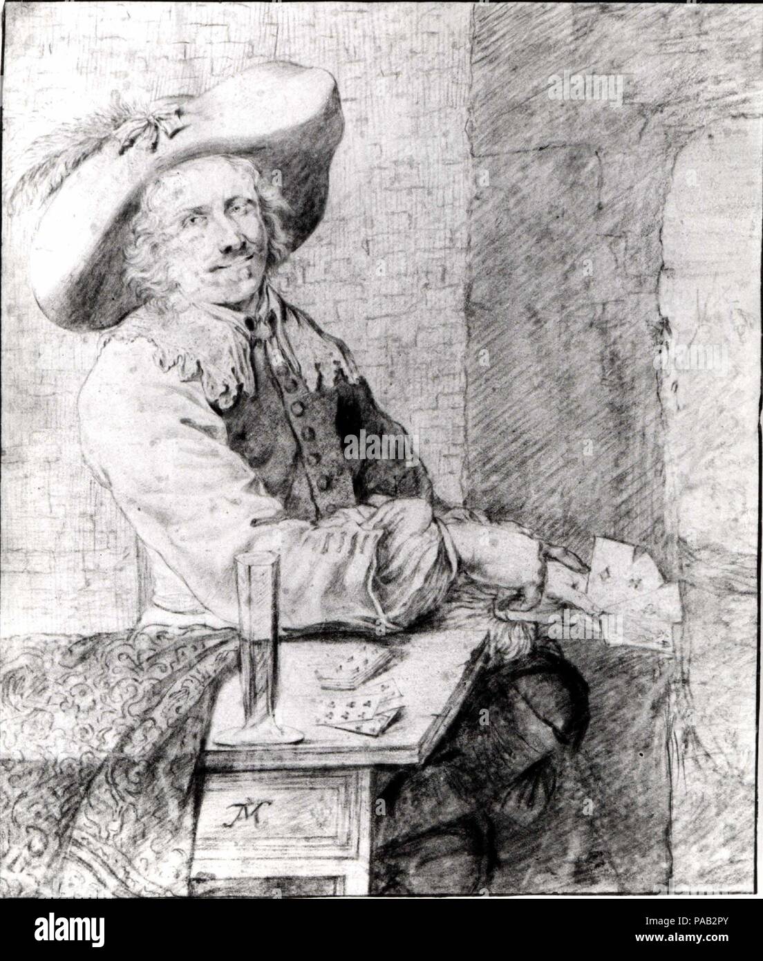 Der cardplayer. Artist: Kopie nach Frans van Mieris der Ältere (Niederländisch, Leiden 1635-1681 Leiden). Abmessungen: 4 5/8 x 5 7/8 in. (11,7 x 15 cm). Datum: 1655-81. Diese Studie wird gedacht, um eine Kopie einer Zeichnung werden von Frans van Mieris der Ältere, der viel Im achtzehnten Jahrhundert gefeiert wurde. Angehende zu einem immer höheren Grad der Naturalismus in seine Figuren, van Mieris porträtiert den gemeinen Mann in die niederländische Gesellschaft mit einer Haltung und lässige Eleganz, die mit der lokalen Elite legte Einspruch ein, und der europäische Adel. Hier die Karte player lehnt sich zurück vertrauensvoll an sie, und er lächelt und verweist auf seine gewinnende Hand, einladend. Stockfoto