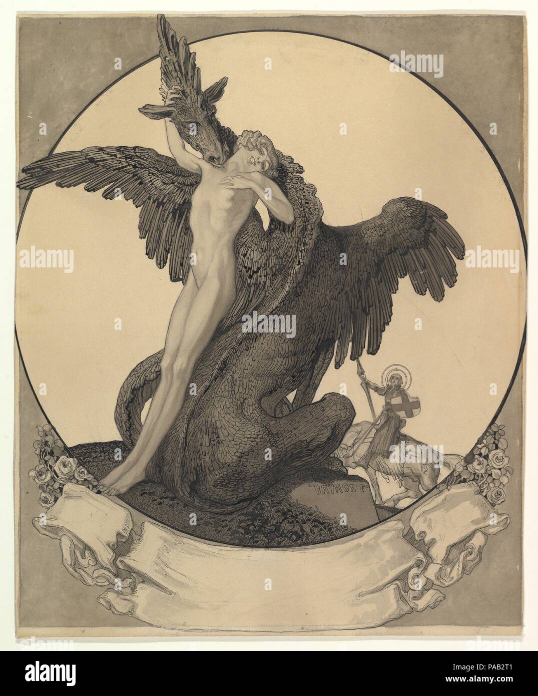 Studie für ein Exlibris mit St. George Rettung eine Jungfrau von einem Drachen. Artist: Franz von bayros (Österreichische, Zagreb 1866-1924 Wien). Abmessungen: 19 1/4 x 15 9/16 in. (48,9 x 39,5 cm). Datum: Ende des 19. Anfang des 20. Jahrhunderts. Museum: Metropolitan Museum of Art, New York, USA. Stockfoto