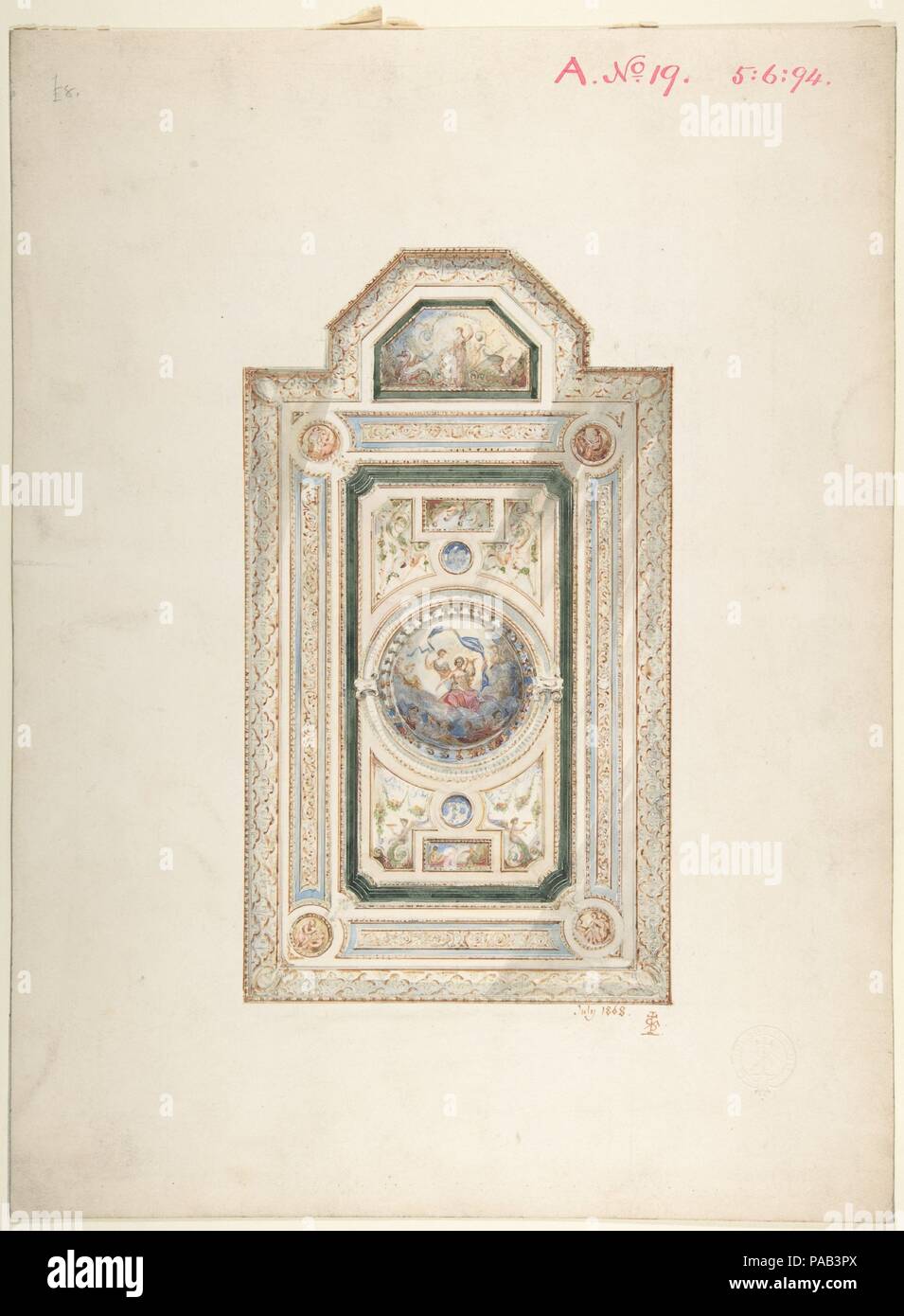 Eingeschrieben Zeichnung mit Monogramm von Sang, einer Decke Design, Juli 1868. Künstler: Frederick Sang (Briten, aktive 1868-70). Maße: Blatt: 9 9/16 x 12 5/16 in. (24,3 x 31,3 cm). Datum: 1868. Museum: Metropolitan Museum of Art, New York, USA. Stockfoto
