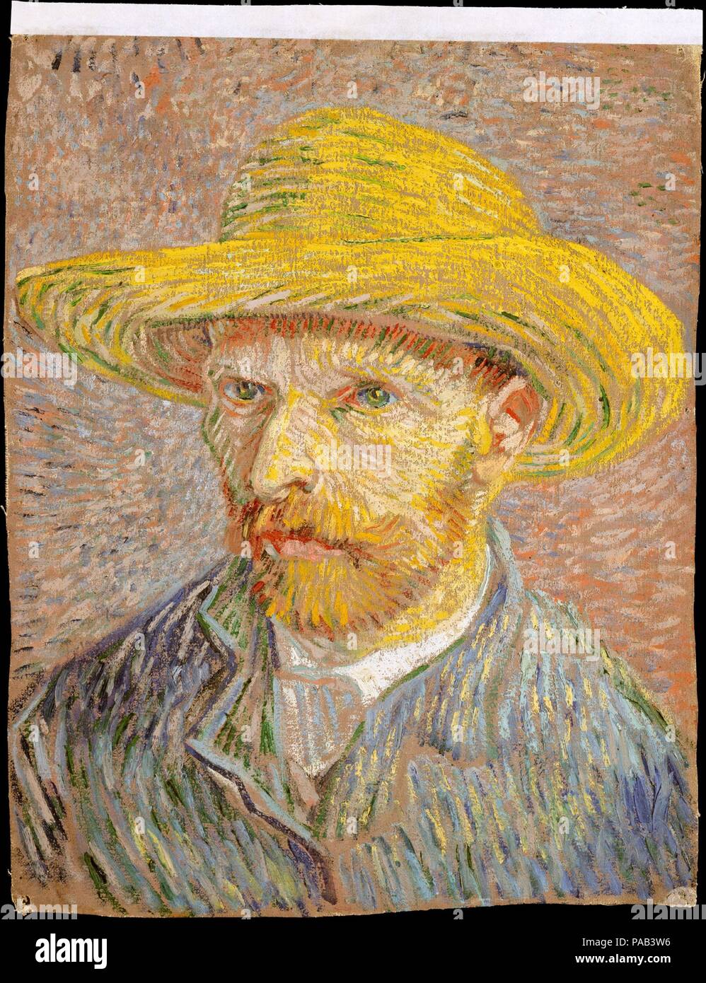 Selbstbildnis mit Strohhut (Vorderseite: Der sparschäler). Künstler: Vincent Van Gogh (Niederländisch, Zundert 1853-1890 Auvers-sur-Oise). Abmessungen: 16 x 12 1/2 in. (40,6 x 31,8 cm). Datum: 1887. Van Gogh produzierte mehr als zwanzig Selbstporträts während seiner Pariser Aufenthalt (1886-88). Kurzschluß der Kapital aber bestimmt trotzdem seine Fähigkeiten als Maler abzuziehen, er wurde zu seinem eigenen Besten sitter: "ich absichtlich eine gut genug Spiegel gekauft haben, von mir selbst zu arbeiten, ein Modell." Dieses Bild, das Bewusstsein des Künstlers Neo-Impressionist Technik und Farbe Theorie zeigt, ist eine von mehreren, die Stockfoto