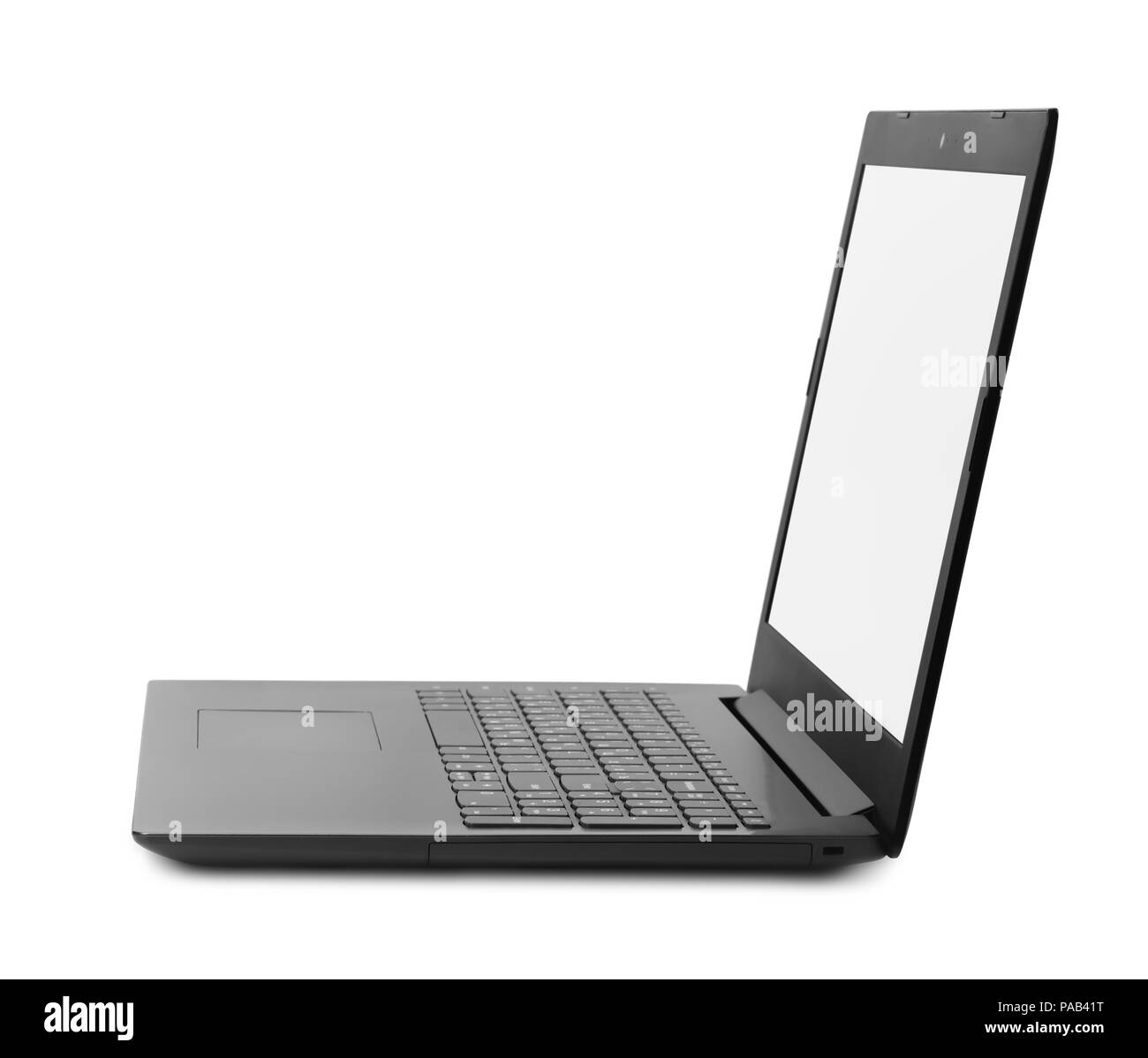 Seitenansicht des Laptop isoliert auf weißem Stockfoto