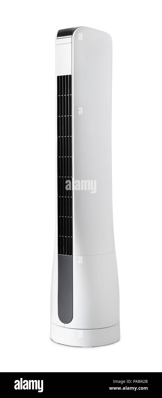 Elektrisches Fußboden-Tower Ventilator isoliert auf weißem Stockfoto