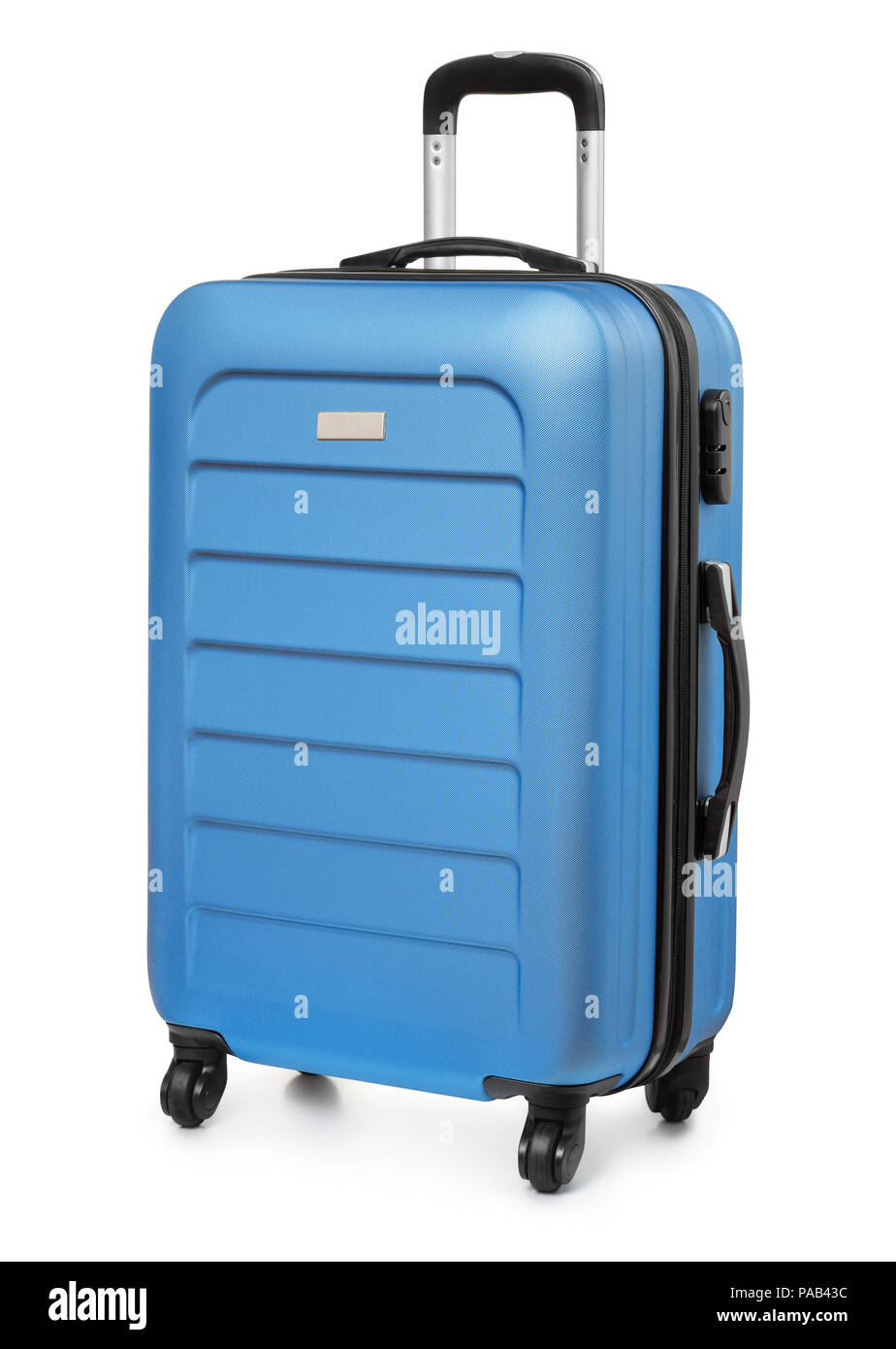 Blauem Kunststoffkoffer isoliert auf weißem Stockfoto
