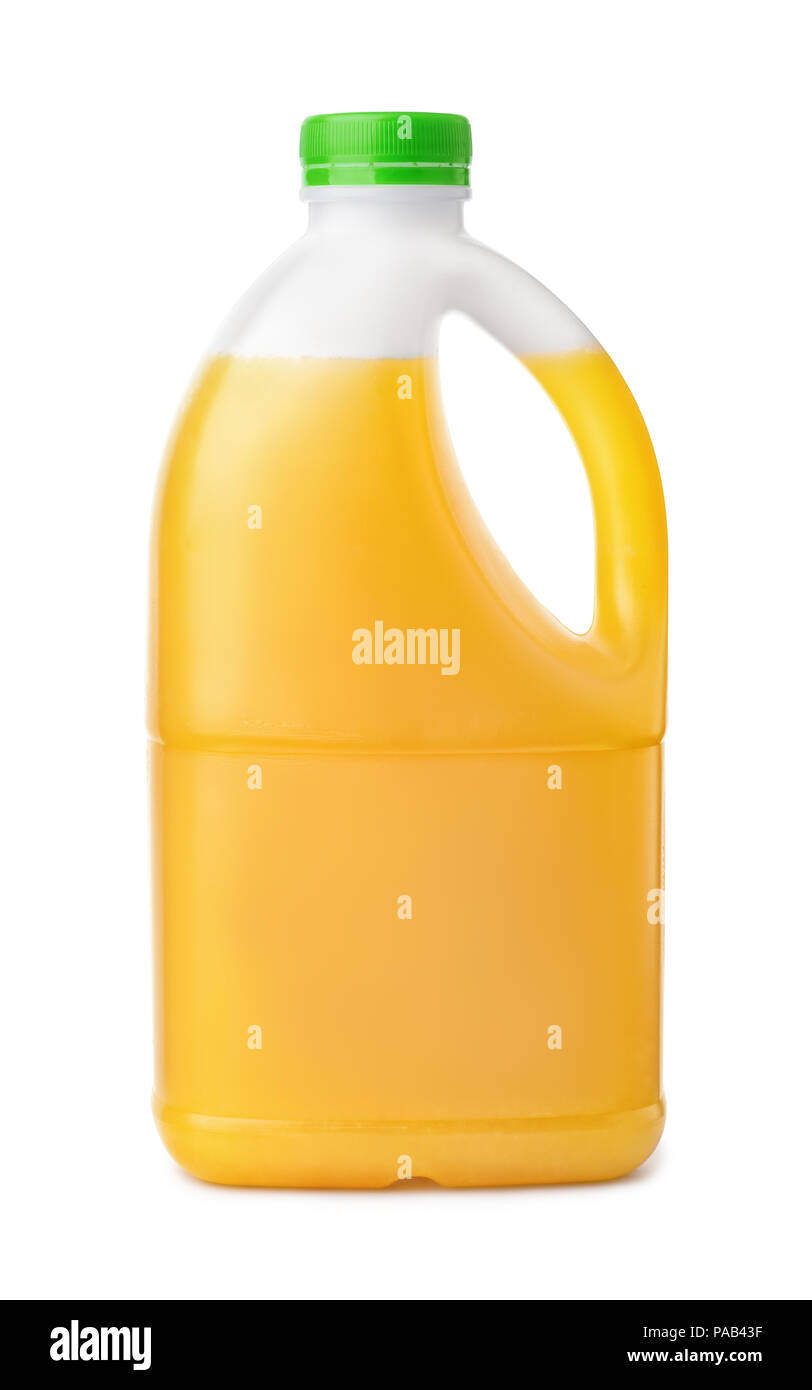 Seitenansicht aus Kunststoff Orangensaft Flasche isoliert auf weißem Stockfoto