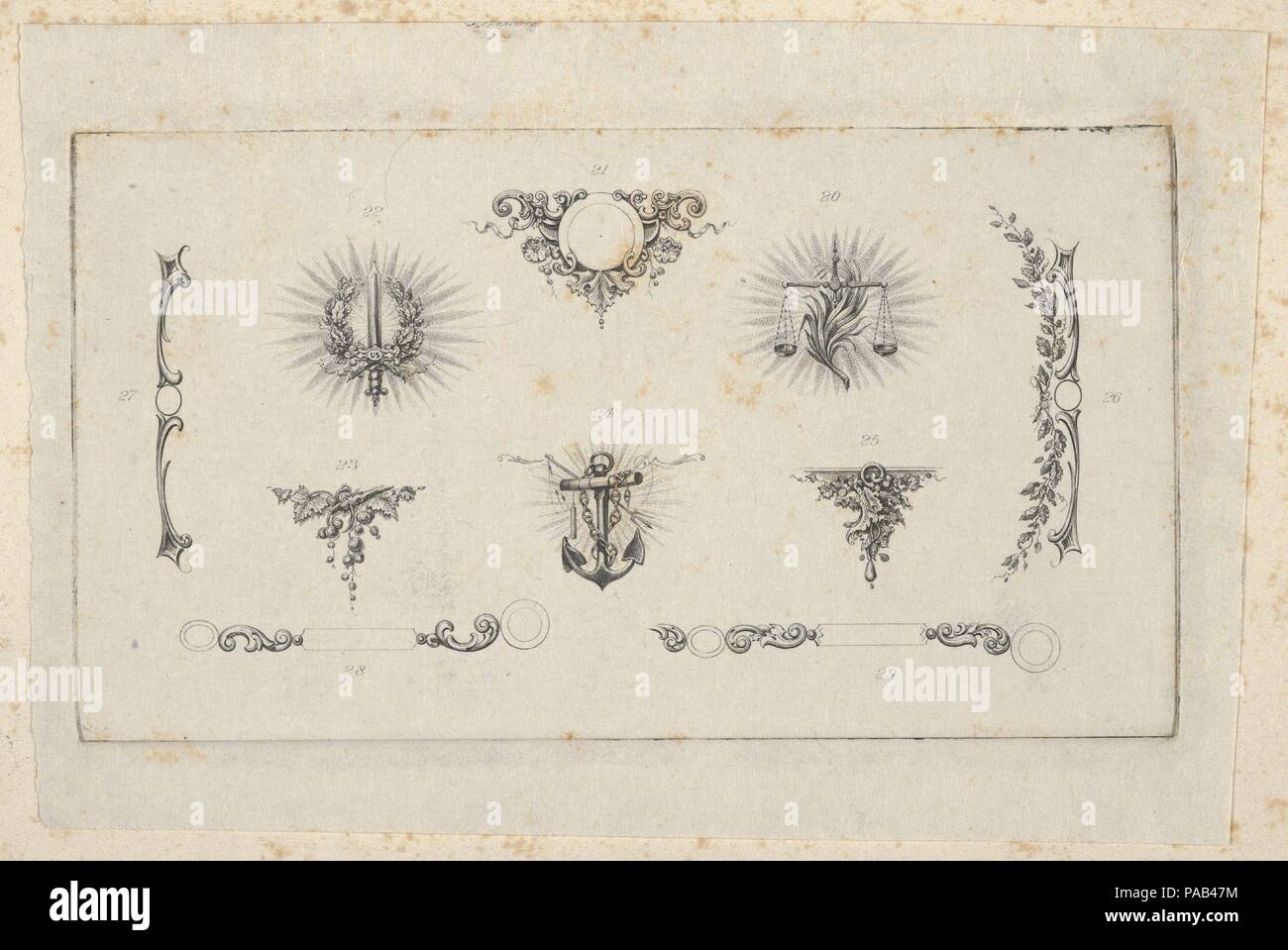Banknote Motiv: zehn verschiedene Zierpflanzen Drehmaschine arbeiten Elemente einschließlich einer Festplatte mit Beeren und Blumen verziert, einem goldenen Schwert, eine Waage, eine tragende Rebe, ein Anker und Kette, eine Halterung von weinblätter und vier Entwürfe für Grenzen. Artist: Verbunden mit Cyrus Durand (American, 1787-1868). Abmessungen: Platte: 2 7/16 x 4 7/16 in. (6,2 x 11,3 cm): 4 x 5 1/2 in. (10,2 x 14 cm). Drucker: Gedruckt von A. B.&C. Durand & Company (Amerikanische, aktive 1824-27); Gedruckt von Durand, Perkins, und Firma (New York). Datum: Ca. 1824-42. Museum: Metropolitan Museum of Art, New York, USA. Stockfoto