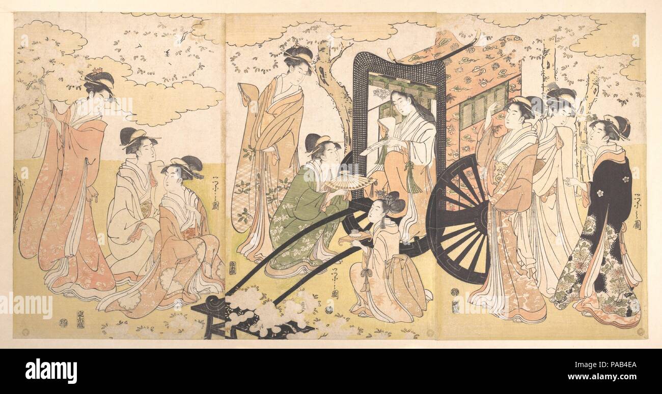 Eine Cherry-Viewing Exkursion durch eine edle Dame und die Assistenten. Artist: Chobunsai Eishi (Japanisch, 1756-1829). Kultur: Japan. Abmessungen: 15 7/32 x 30 in. (38,7 x 76,2 cm). Datum: Ca. 1797. Museum: Metropolitan Museum of Art, New York, USA. Stockfoto