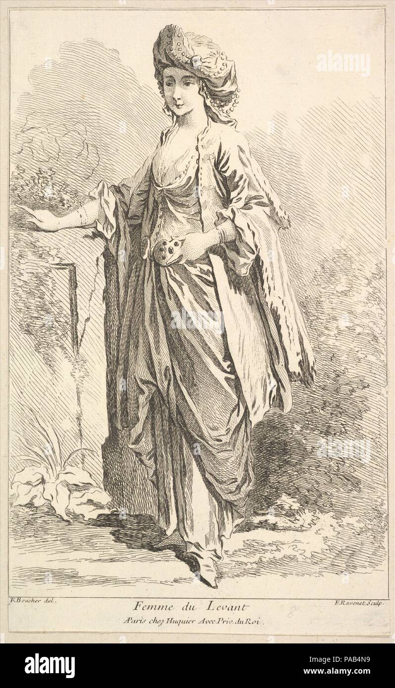 Femme du Levant, von Recueil de Mundharmonika Abb. res étrangeres Inventées par F. Boucher P.TRE du Roy et Gravées par F. Ravenet (Sammlung von verschiedenen fremden Figuren, durch F.Boucher, Maler des Königs und Graviert [entwickelt] geätzt durch F. Ravenet), Platte 8. Artist: Nachdem François Boucher (Französisch, Paris 1703-1770 Paris); Simon Francis Ravenet, der Ältere (Französisch, 1706-1774). Maße: Blatt: 10 3/8 x 6 3/8 in. (26,4 x 16,2 cm). Herausgeber: Gabriel Huquier (Französisch, Orléans, Paris 1695-1772). Serie/Portfolio: Recueil de Mundharmonika Abb. res étrangeres Inventées par F. Boucher P.TRE du Roy et Gravées par Stockfoto