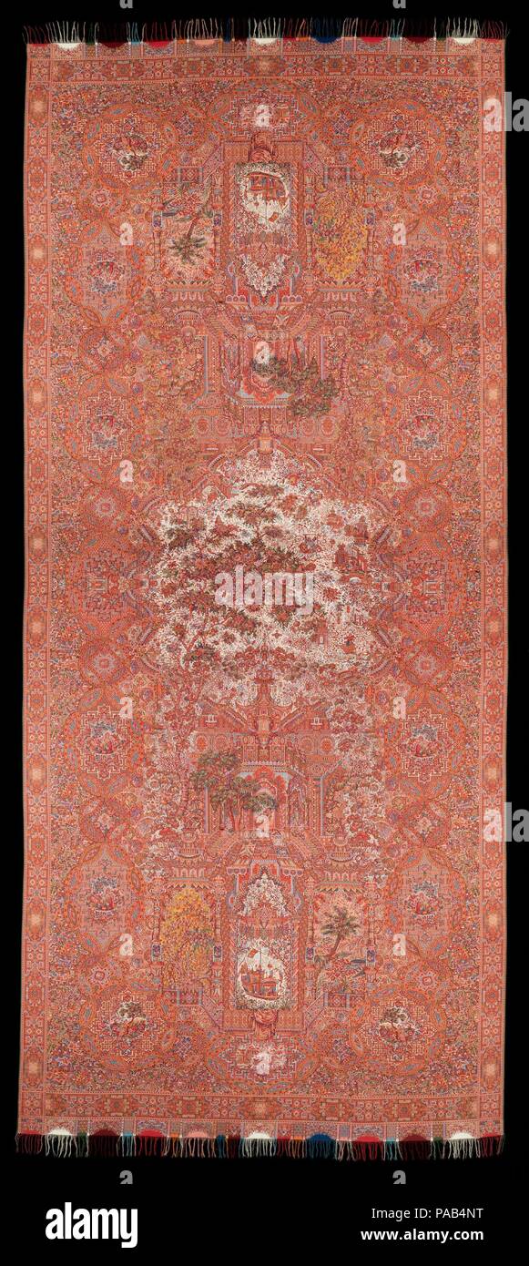 Schal. Kultur: Französisch. Designer: zugeschrieben, Anthony Berrus; Amédée Courder zugeschrieben. Datum: Ca. 1855. Wenn der Punch-out-card System der Jacquard Webstuhl wurde im frühen 19. Jahrhundert perfektioniert, einer der wichtigsten Aufträge, auf die sie angewendet wurde, war die Weberei von "paisley" oder "Cashmere Schals, von denen einige für die Ausstellung gemacht wurden. Solche Ausstellung Schals hatten häufig wenig mit gemeinsamen Beispiele, die den "Kegel" zu tun oder "Boteh' Motiv, sondern Sie naturalistisch botanischen Themen oder exotische Motive mit tierischen und menschlichen Formen ausgefüllt dargestellt. Die Zusammensetzung und die Komplexität der Th Stockfoto