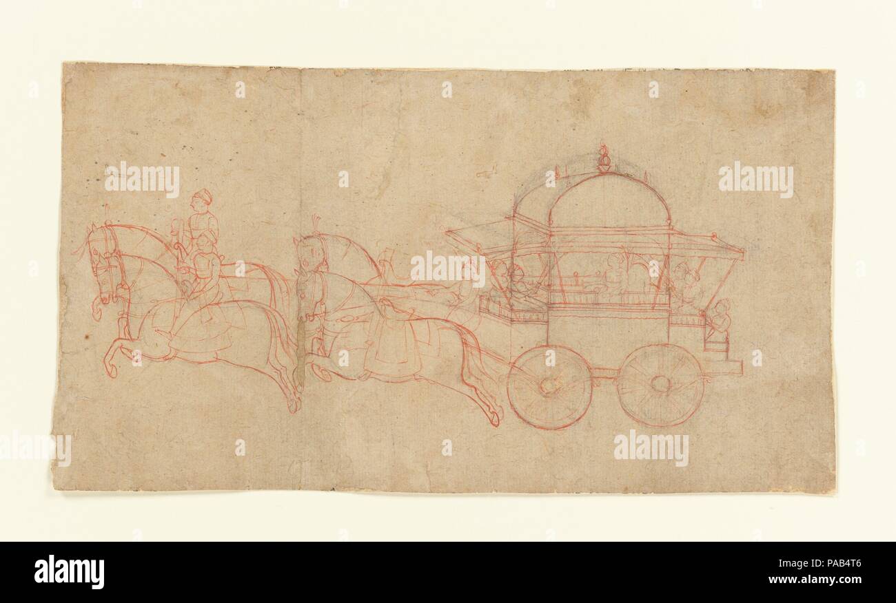 Krieg Wagen. Kultur: Indien (rajasthan). Abmessungen: Bild (sehen): 10 3/8 x 19 in. (26,4 x 48,3 cm). Datum: Mitte des 19. Jahrhunderts. Diese massive Wagen nimmt auf die architektonischen Proportionen eines gewölbten Pavillon. Die rot-ockerfarbenen understudy überlebt, da diese Arbeit nie die nächste Stufe der Fertigung, in der die Linien mit Pinsel und Tusche umgebaut worden wäre erreicht. Museum: Metropolitan Museum of Art, New York, USA. Stockfoto