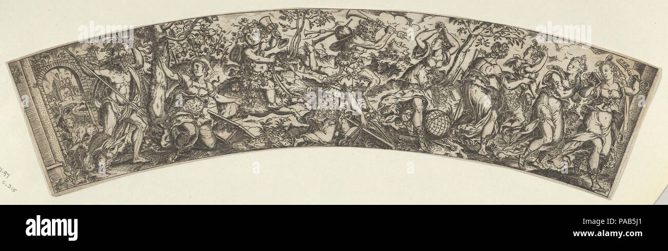 Die sieben Freien Künste von Pluto und Bacchus verfolgt. Artist: Nach Jost Amman (Schweiz, Zürich, bevor 1539-1591 Nürnberg). Maße: Blatt: 2 1/2 × 11 11/16 in. (6,4 × 29,7 cm). Datum: Ca. 1554-91. Segment auf einem Kreis mit fünf der sieben freien Künste auf der Flucht vor Rechten, die von einem Satyr mit ein dudelsack in der Mitte gejagt werden. Links Bacchus reitet ein Wildschwein, und ganz links eine blinde gefaltet Pluto weilds seinen Dreizack. Museum: Metropolitan Museum of Art, New York, USA. Stockfoto