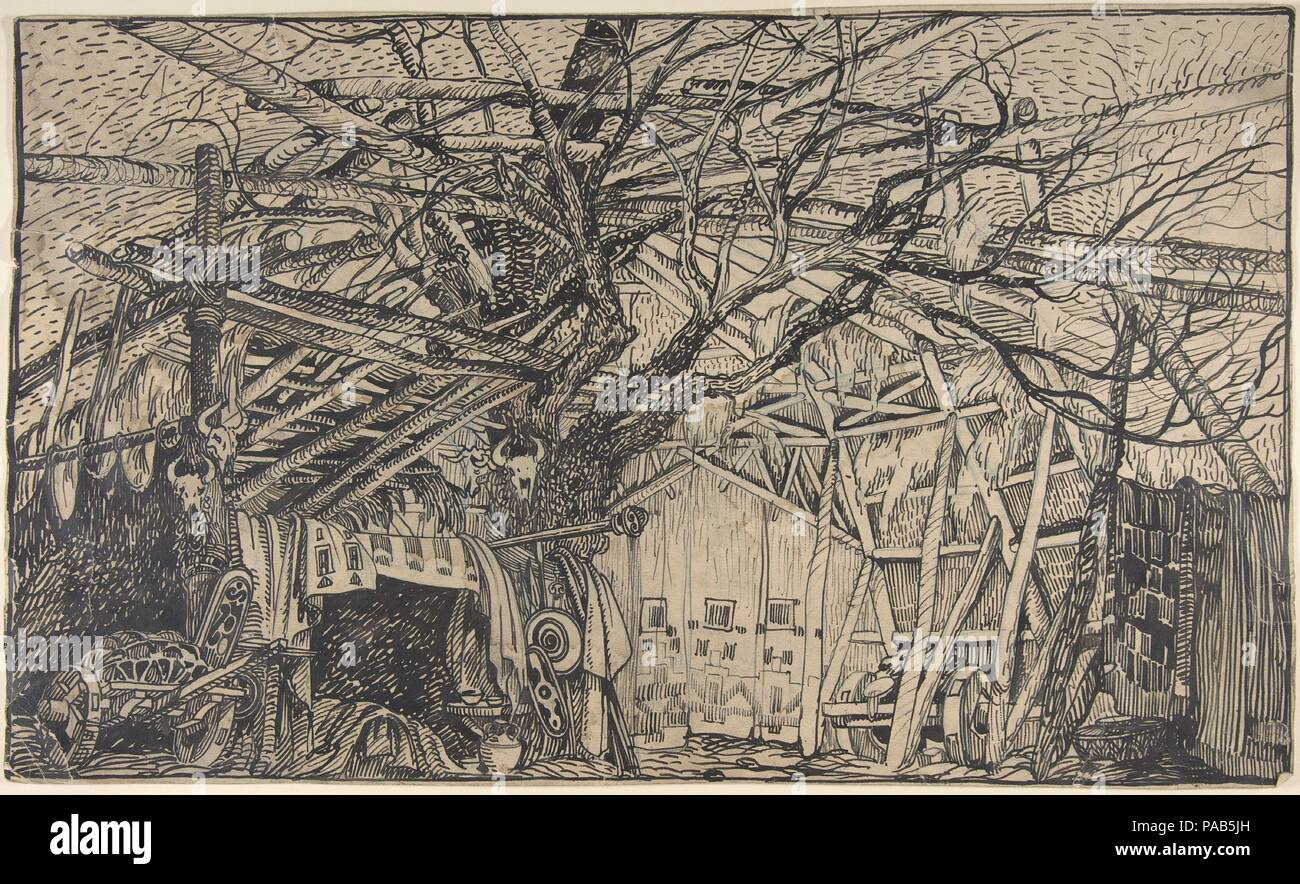 Stage Set Design: Innenraum eines getarnten Afrikanischen Tierheim oder militärische Post mit Karren und Bucrania. Künstler: Salvador Alarma Tastás (Spanisch, Barcelona, 1870-1941). Maße: Blatt: 11 x 18 1/2 in. (27,9 x 47 cm). Datum: 1870-1941. Museum: Metropolitan Museum of Art, New York, USA. Stockfoto Stage Set Design: Innenraum eines getarnten Afrikanischen Tierheim oder militärische Post mit Karren und Bucrania. Künstler: Salvador Alarma Tastás (Spanisch, Barcelona, 1870-1941). Maße: Blatt: 11 x 18 1/2 in. (27,9 x 47 cm). Datum: 1870-1941. Museum: Metropolitan Museum of Art, New York, USA. Stockfoto