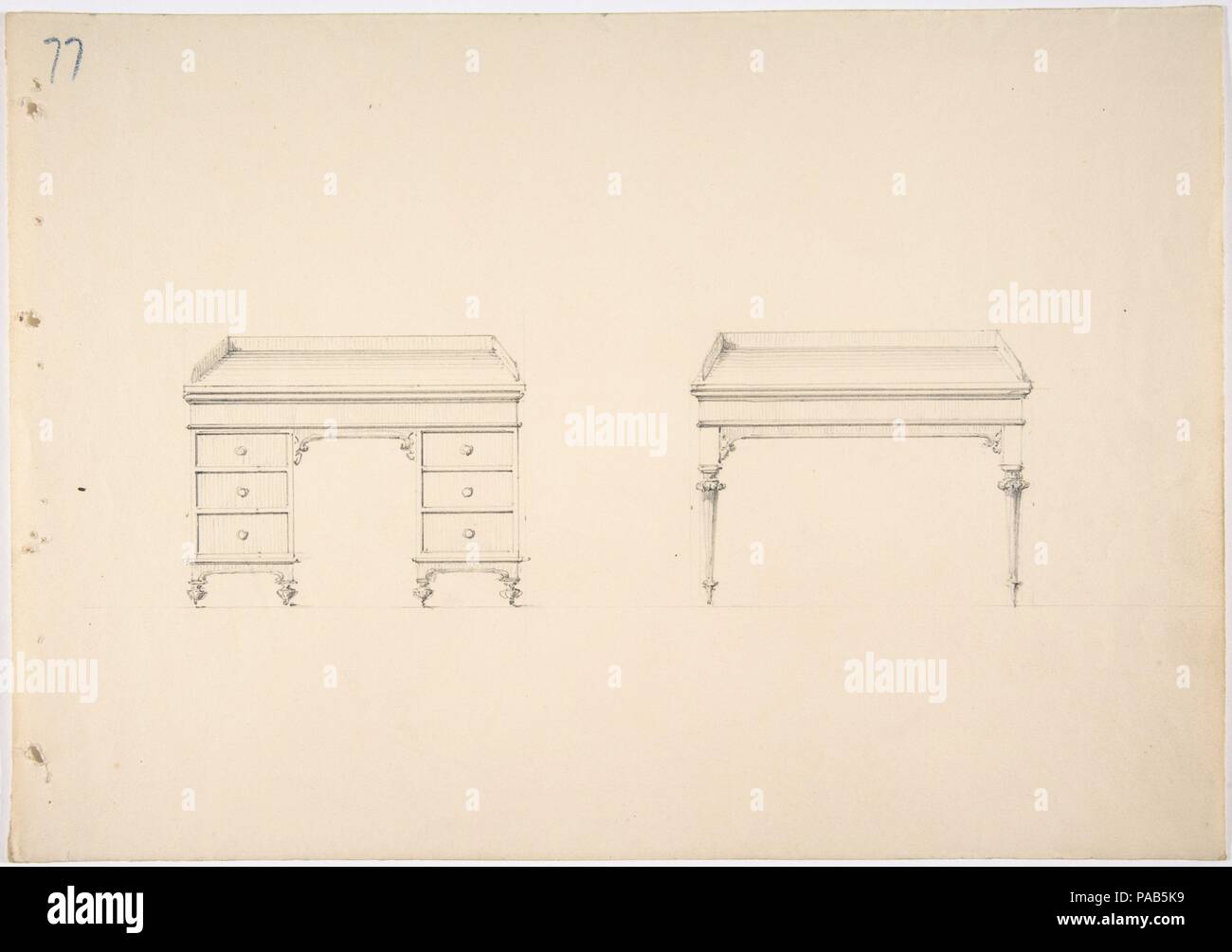 Design für zwei Schreibtische. Artist: Anonyme, Briten, 19. Maße: Blatt: 8 11/16 x 12 5/16 in. (22 x 31,2 cm). Datum: Anfang des 19. Jahrhunderts. Museum: Metropolitan Museum of Art, New York, USA. Stockfoto