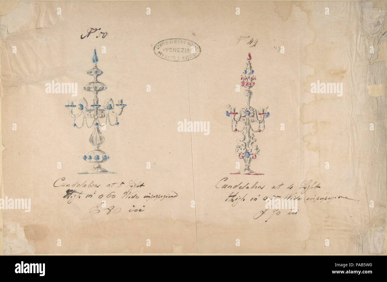 Eine der Twenty-Three Blatt Zeichnungen von Glaswaren (Spiegel, Kronleuchter, Pokale, etc.). Artist: Compagnia di Venezia & Murano. Abmessungen: 14 x 19 in. (35,6 x 48,3 cm). Datum: 1850-80. Museum: Metropolitan Museum of Art, New York, USA. Stockfoto