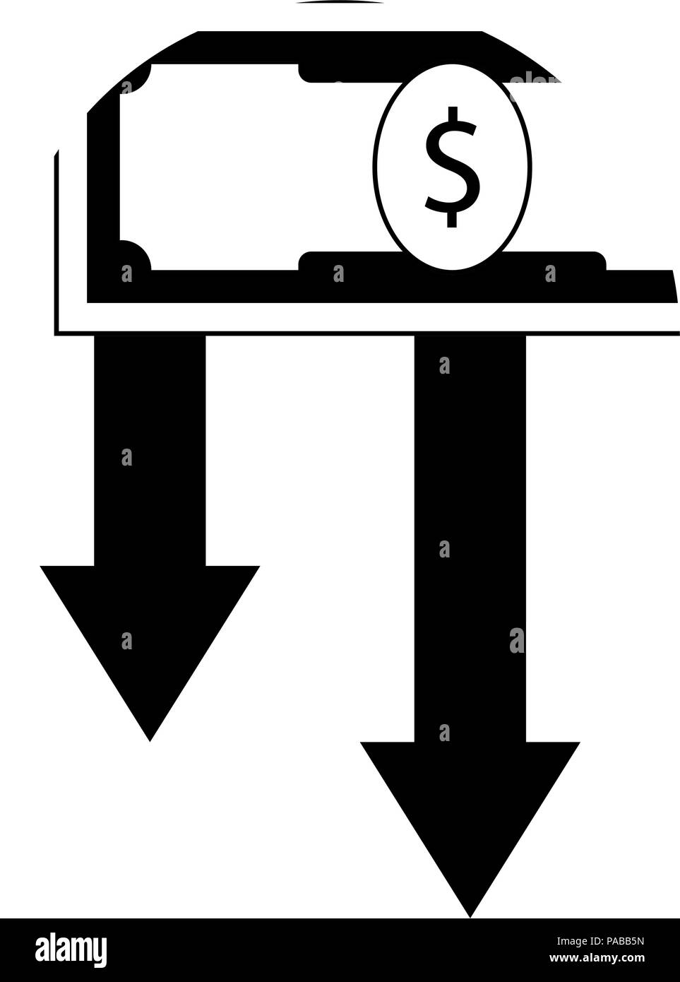 Finanzkrise Symbol schwarz weiß. Geld dollar Banknote und Pfeile nach unten. Vector Illustration Stock Vektor