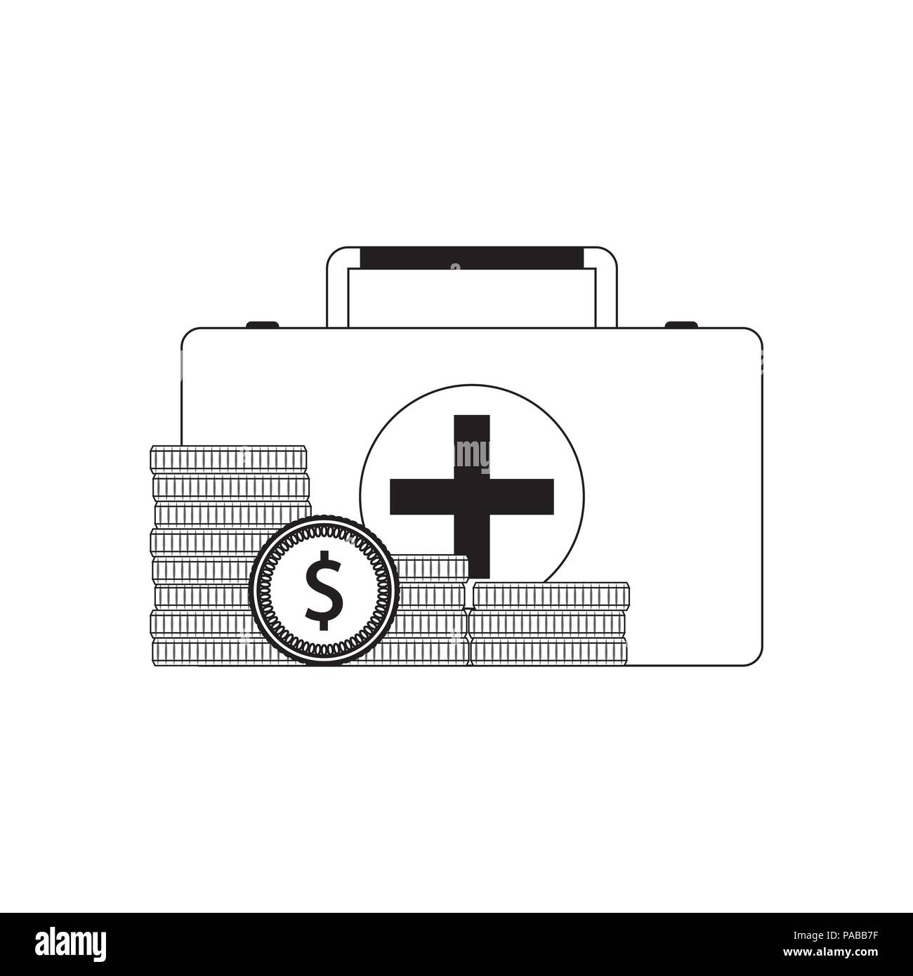 Die Zahlung für die medizinische Versorgung. Hilfe Box und Münzen stapeln. Vector Illustration Stock Vektor