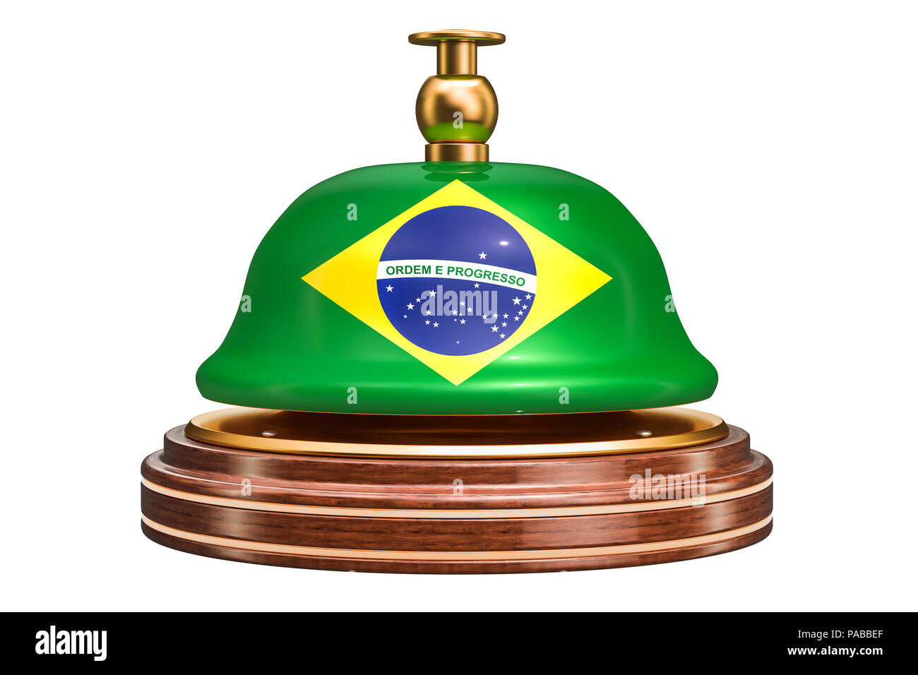 Rezeption Glocke mit brasilianischer Flagge, Service Konzept. 3D-Rendering auf weißem Hintergrund Stockfoto