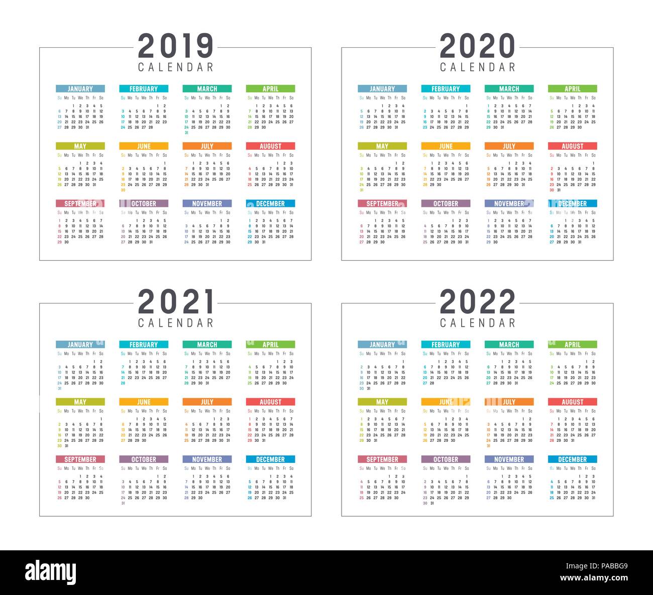 Der minimalistische bunten Kalender, Jahre 2019 2020 2021 2022 Wochen anfang Sonntag, auf weissem Hintergrund - Vektor vorlagen. Stock Vektor