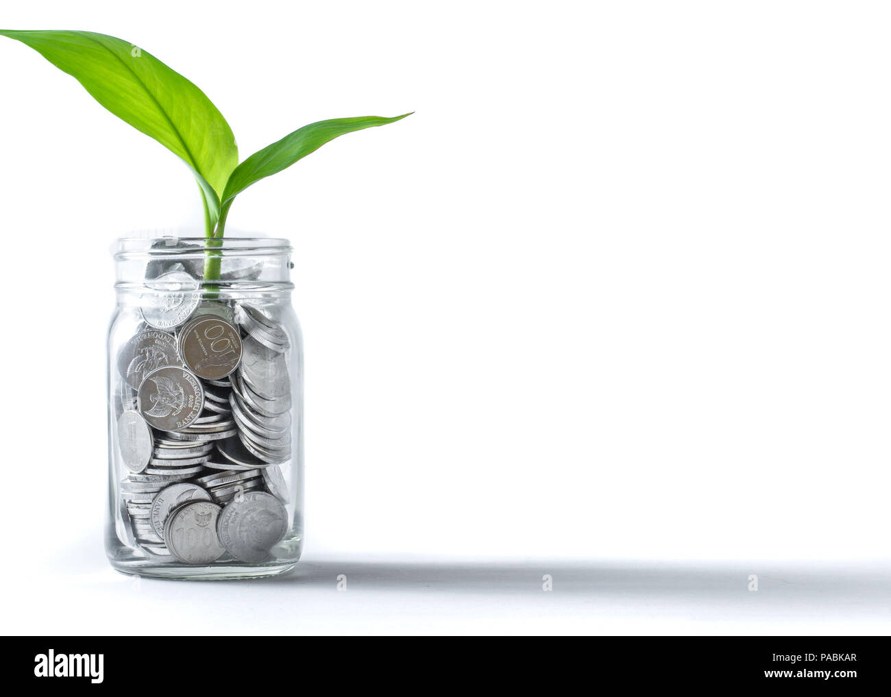 Münzen in ein Glas mit Pflanzen schlägt vor, Investitionen, Reichtum, Einsparungen und Wachstum. Stockfoto
