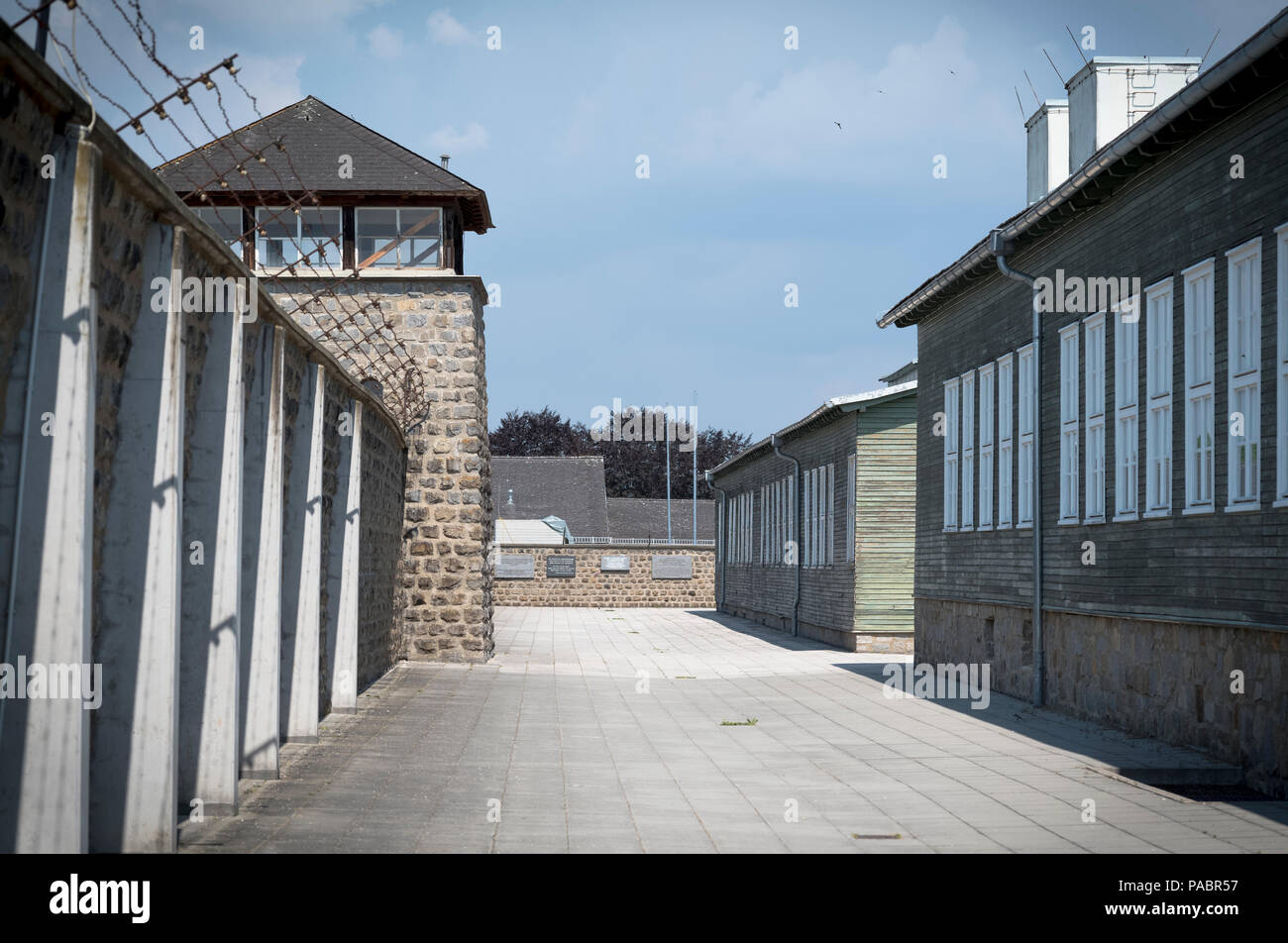 Außenwand, Wachturm, Küche und Wäscherei KASERNE MAUTHAUSEN KZ Mauthausen in Österreich (1938-1945) Stockfoto