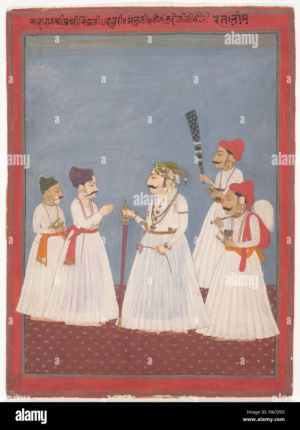 Prince mit vier Teilnehmern. Artist: Sri Prathi Singh von Ratlam (indischen). Kultur: Indien (rajasthan). Abmessungen: Insgesamt: 11 9/16 x 8 9/16-in. (29,4 x 21,8 cm). Datum: Ende des 18. Anfang des 19. Jahrhunderts. Museum: Metropolitan Museum of Art, New York, USA. Stockfoto