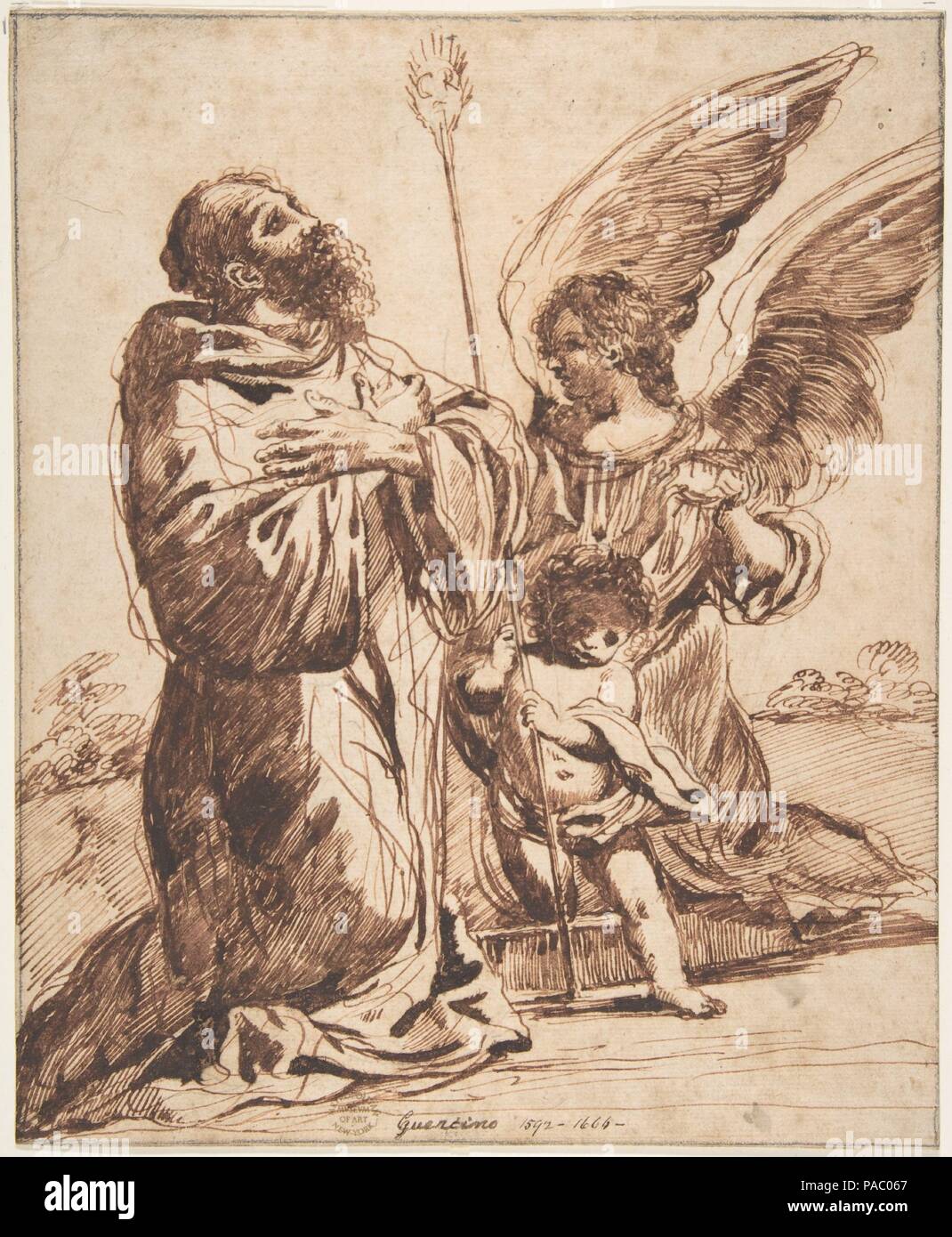 Saint mit Engel und Putto. Artist: Nach Guercino (Giovanni Francesco Barbieri) (Italienisch, Cento 1591-1666 Bologna). Maße: Blatt: 9 15/16 x 8 1/8 in. (25,2 x 20,6 cm). Datum: n. d.. Museum: Metropolitan Museum of Art, New York, USA. Stockfoto