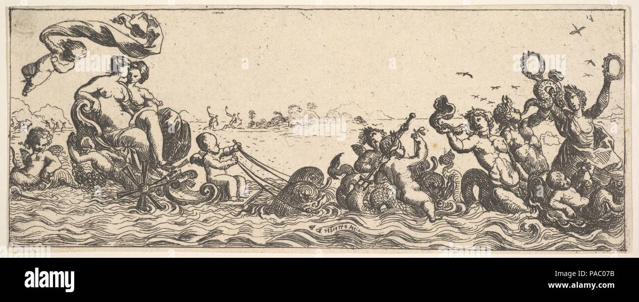 Zwei Frauen in einer Shell sitzen. Künstler: Pierre Brebiette (Französisch, Mantes-sur-Seine. 1598-1642 Paris). Maße: Blatt: 2 1/2 x 6 5/16 in. (6,3 x 16 cm). Datum: 1615-42. Museum: Metropolitan Museum of Art, New York, USA. Stockfoto