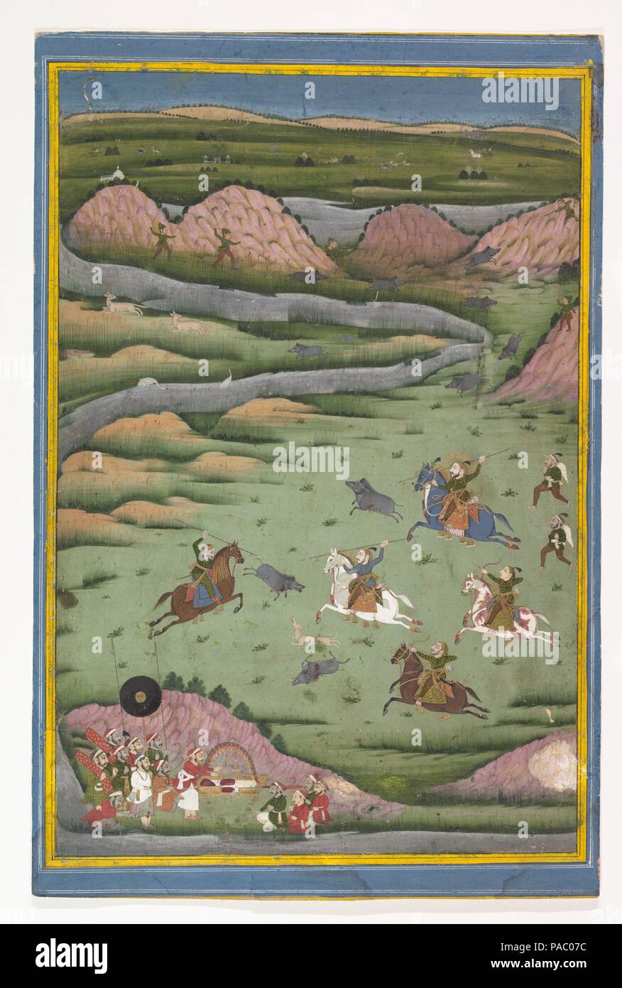 Maharana Amar Singh II oder Sangram Singh Jagd Wildschwein. Kultur: Indien, Rajasthan, Udaipur. Abmessungen: 15 3/8 x 10 5/16 in. (39,0 x 26,2 cm). Datum: 19. Dieses Gemälde, das eine von zwei bedeutenden Herrscher der Mewar Gericht im späteren 17. und frühen 18. Jahrhunderts schildert, ist wahrscheinlich Eine 19.-Jahrhundert arbeiten in einem archaischen Stil. Trotzdem ist die Arbeit der Ein versierter Maler, in der Pferdesport Jäger ihre Beute mit Lanzen und Pfeil und Bogen zu töten, während Quirle mehr Wildschweine in die Mitte des Feldes. Verborgen vor einer Anhöhe ist der Herrscher en Stockfoto