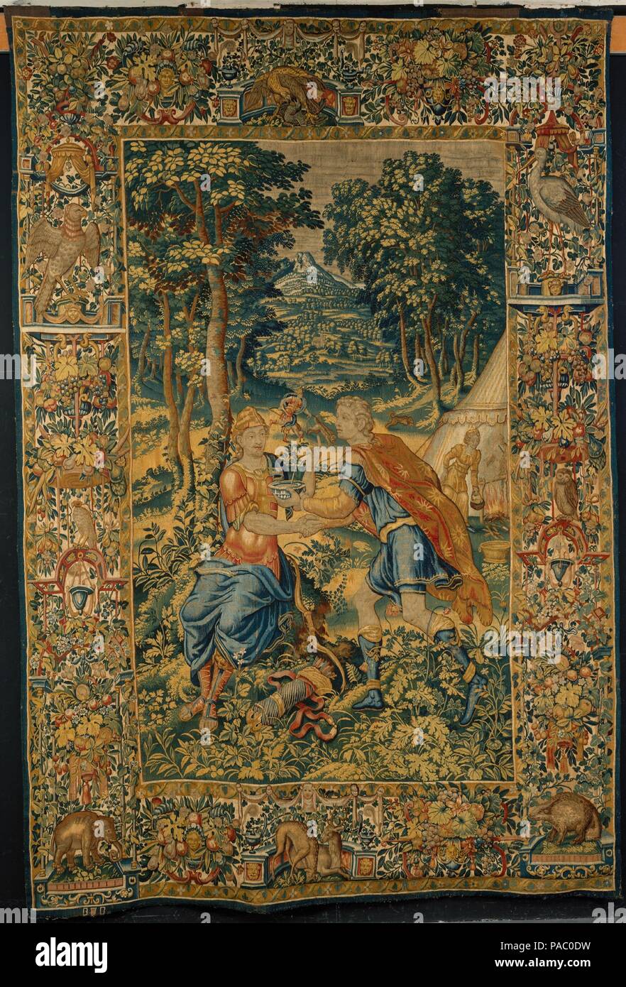 Verkauf von Esau sein Erstgeburtsrecht an Jakob aus der Geschichte von Jakob Serie. Kultur: Flandern, Brüssel. Abmessungen: H.152 1/2 x W. 91 1/4 Zoll (387,4 x 231.8 cm). Teekocher: Gewebe durch CT oder TC, Brüssel. Datum: 1550-75. Die Geschichte von Jakob wie dargestellt in diesem Satz von sechs Wandteppiche (1983.73.1-.6) beginnt mit der Szene der Verkauf von Esau sein Erstgeburtsrecht an Jakob (Gen. 25:29-34). Esau, der Jäger, sitzt mit seinen Bogen und Köcher zu seinen Füßen. Er haken Hände mit Jakob, sein Bruder, der verkleidet ist in der Hauptrolle Robe, die ihn während der Geschichte identifizieren. Durch dieses handshake Esau und Jakob ihre Vereinbarung, Dichtung der Stockfoto