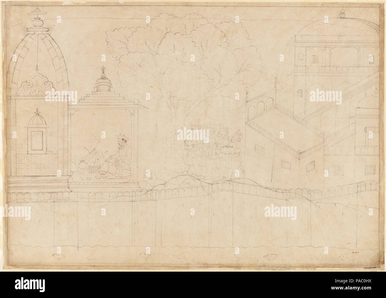 Indrajit macht Angebote. Artist: Manaku zugeschrieben (aktive Ca. 1725-60). Kultur: Indien (Himachal Pradesh, güler). Abmessungen: 24 1/2 x 32 5/8 in. (62,2 x 82,9 cm). Datum: Ca. 1725. Diese vorbereitenden Zeichnung wurde für ein Gemälde für eine Belagerung von Lanka Serie im Gericht Studio produziert an Güler (Rama Releases der Dämon Spione Shuka und Sarana ist eine fertige Arbeit aus der Serie gedacht). Hier steht der Ravana Sohn Indrajit, bevor ein Feuer Altar sitzt, macht eine Opfergabe an die Götter der Macht unsichtbar zu werden und seine Feinde aus der Luft bekämpfen zu sichern. Die Ravana Dämonen warten außerhalb des Tempels Holding Stockfoto