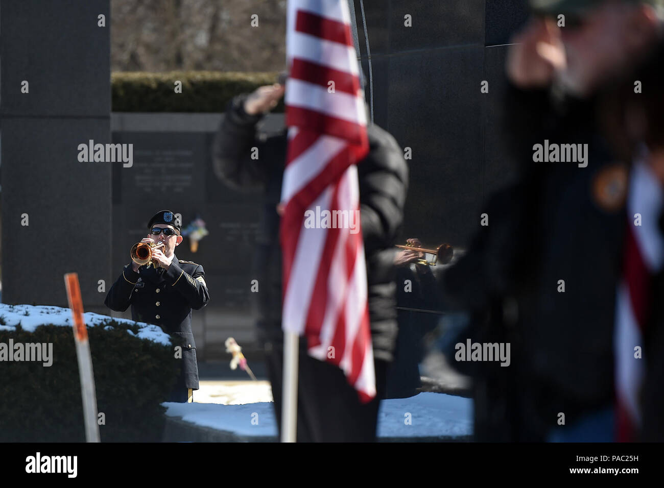 Eine Armee-reservesoldat, zu der 85 Army Band zugeordnet, spielt die Hähne während der Trauerfeier für Armee SPC. Adriana Salem am Speicher Gärten Friedhof in Arlington Heights, Illinois, März 4, 2016. Sandra Salem, Mutter von Salem, hielt die Gedenkstätte auf dem 11. Jahrestag des Todes ihrer Tochter. Teilnehmer enthalten Kongressabgeordnete Tammy Duckworth, ehemaligen Illinois reg. Patrick Quinn, Illinois Patriot Guard, und Armee finden Soldaten aus dem 85. Unterstützt den Befehl und 85 Army Band. Salem, in die 3.Infanterie Division, wurde in Remagen, Irak, am 4. März 2005 getötet." (U.S. Armee Foto von Herrn Ein Stockfoto