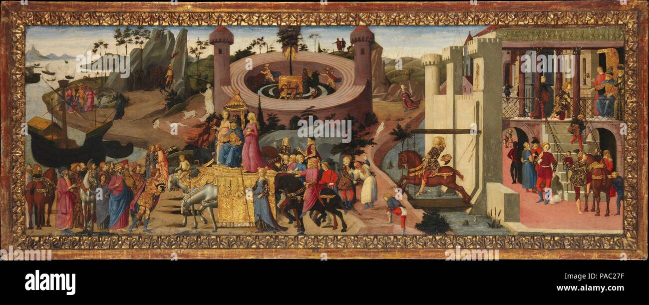 Szenen aus der Geschichte der Argonauten. Artist: Biagio d'Antonio (italienisch, Florentiner, aktiv von 1472 - gestorben 1516). Abmessungen: Insgesamt 24 1/8 x 60 3/8 in. (61,3 x 153,4 cm); Oberfläche lackiert 19 5/8 x 56 in. (49,8 x 142,2 cm). In dieser und seine Begleiter, die Geschichte von Jason und die Argonauten, entfaltet sich eine fortlaufende Erzählung. In der ersten Anzeige, Jason ist von König Pelias berechnet das Goldene Vlies zu holen. Jason dann schwingt sich auf sein Pferd und berät der Kentaur Chiron auf dem Berg Pelion gemeinsam mit Herkules und Orpheus. In der Ferne ist Jason's Schiff, der Argo. In diesem Panel, König Aëetes und Stockfoto