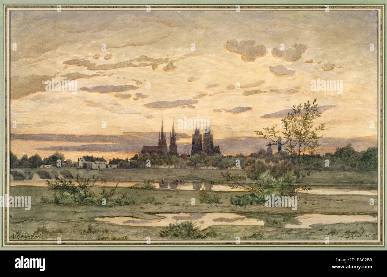 Eine Ansicht von Moulins. Artist: henri-joseph Harpignies (Französisch, Valenciennes 1819-1916 Saint-Privé). Abmessungen: 12 1/2 x 20 1/16-in. (31,7 x 51 cm). Datum: Ca. 1850-60. Diese charakteristisch placid Aquarell von Henri - Joseph Harpignies fängt die Skyline von Moulins bei Sonnenuntergang. Die Hauptstadt des Departement Allier, Moulins ist ca. 100 km nordwestlich von Lyon in Frankreich. Die in hohem Grade fertig Natur dieser Landschaft, zusammen mit seiner Unterschrift am unteren rechten, deutet darauf hin, dass Harpignies kann es als eigenständiges Kunstwerk Museum vermarktet haben: Metropolitan Museum of Art, New Yo Stockfoto