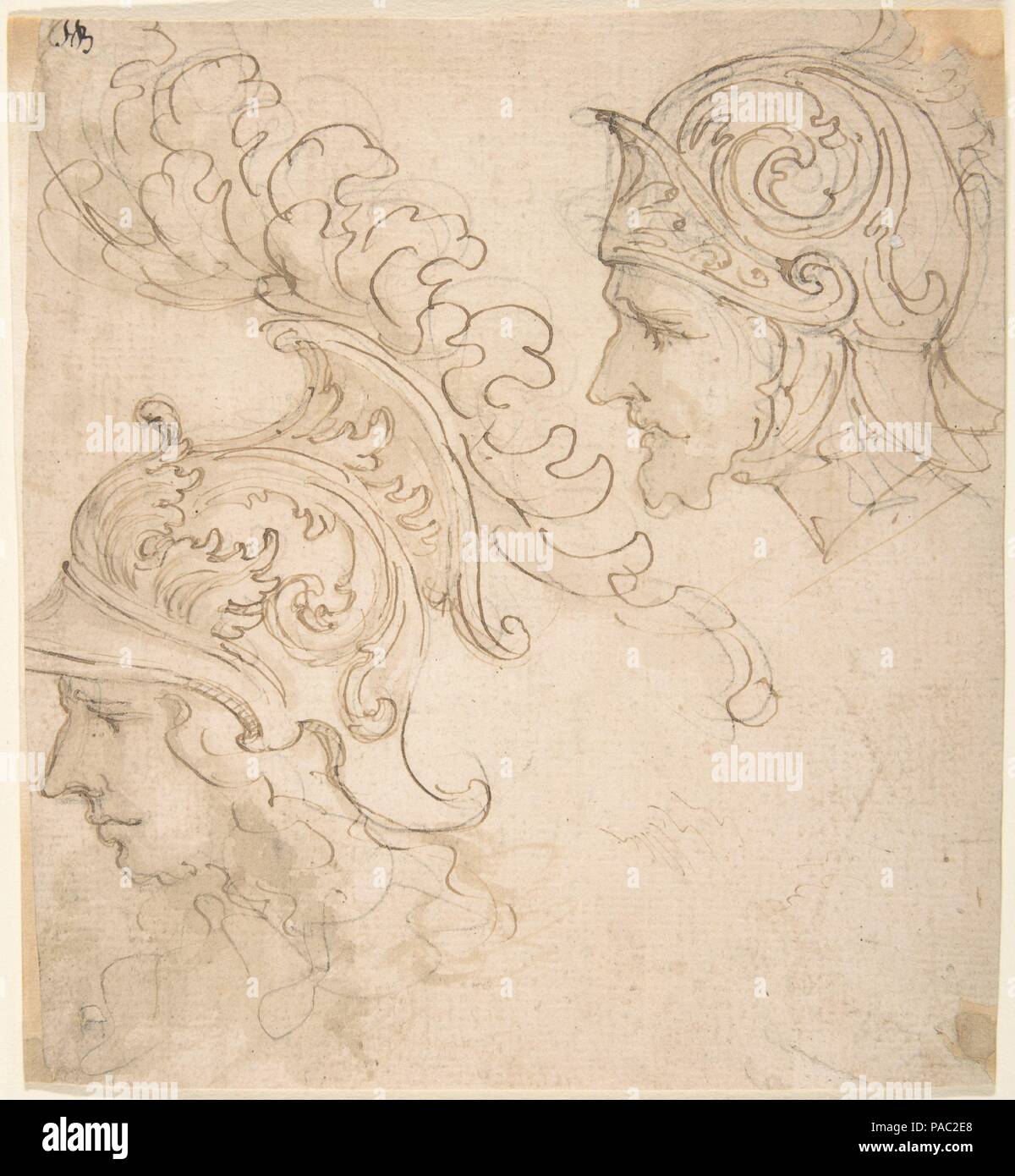 Zwei Studien für Helm Designs präsentiert eigenes Profil. Artist: Giovanni Battista Foggini (Italienisch, Florenz 1652-1725 Florenz). Maße: Blatt: 7 3/8 x 6 13/16 in. (18,8 x 17,3 cm). Datum: 1652-1725. Museum: Metropolitan Museum of Art, New York, USA. Stockfoto