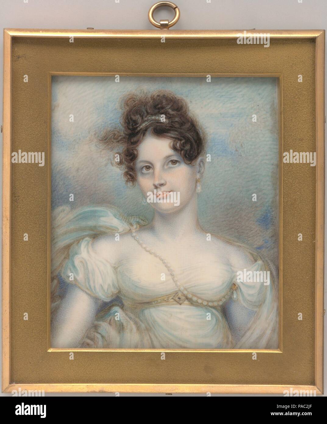 Frau Manigault Heyward (Susan Hayne Simmons). Artist: Robert Fulton (Amerikanisch, Little Britain, Pennsylvania 1765-1815 New York). Abmessungen: 3 21/32 x 2 13/16-in. (9,3 x 7,1 cm). Datum: Ca. 1813. Ein Künstler und Ingenieur, der seine Karriere als Multitalent der Silberschmied Lehrling und Schlitten Designer begann, Robert Fulton wahrscheinlich die Kunst der Miniaturmalerei von Charles Willson Peale und sein Bruder James Reynolds in Philadelphia gelernt. Während des Winters von 1786, er war in Petersburg, Virginia, wo er seine Talente nicht nur für das Malen von winzigen Porträts, aber auch für die Telefonzentrale h beworben Stockfoto