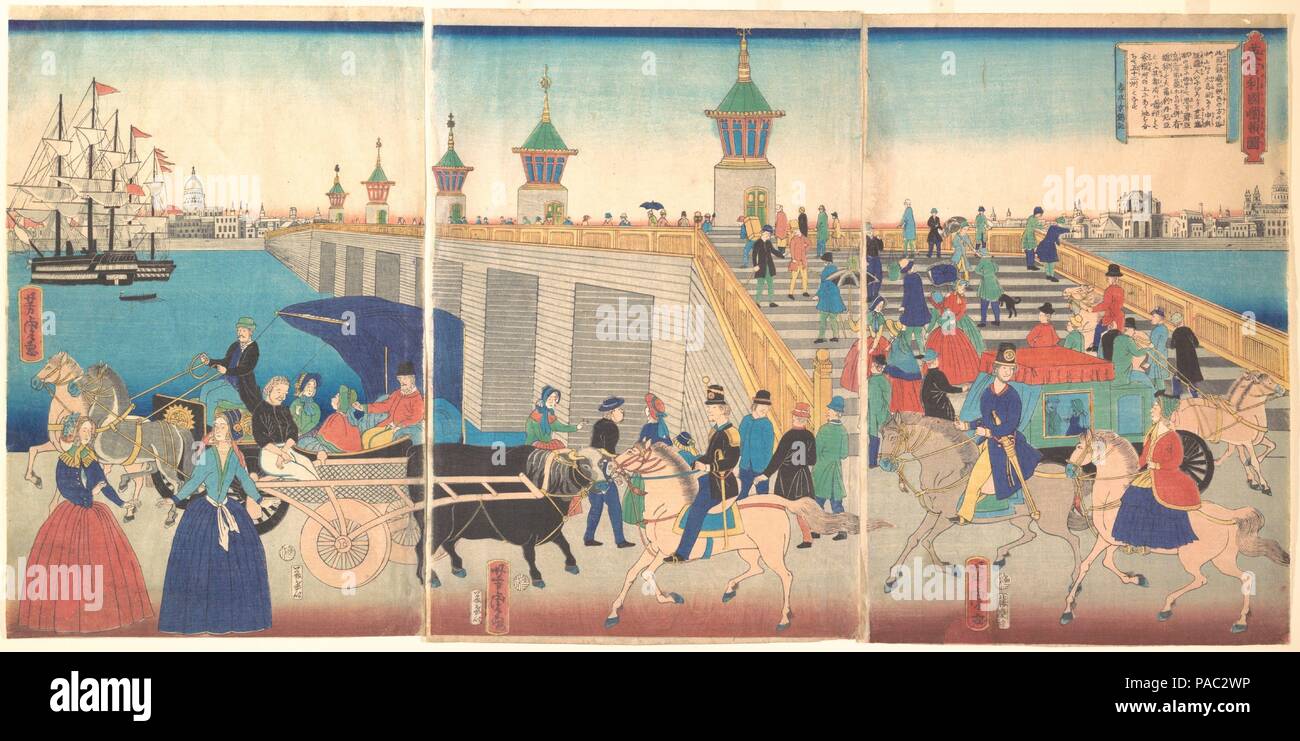 Abbildung: London in England (Igirisukoku rondon zu). Artist: Utagawa Yoshitora (Japanisch, aktive Ca. 1850-80). Kultur: Japan. Abmessungen: Oban; 29 5/8 x 14 9/16 in. (75,2 x 37 cm). Datum: 1866. Yoshitora, Schüler von Kuniyoshi, machte viele Drucke von Ausländern in Yokohama und der ausländischen Szenen. Er sah nie der ausländischen Szenen dargestellt und er wahrscheinlich kopiert sie von westlichen Gravuren. Hier, Londoner Promenade entlang der Themse und eine Brücke über den Fluss überqueren. Die Brücke hat fünf große Leuchten entlang der Brücke Geländer. Der Text in der rechten oberen erklärt die Briti Stockfoto