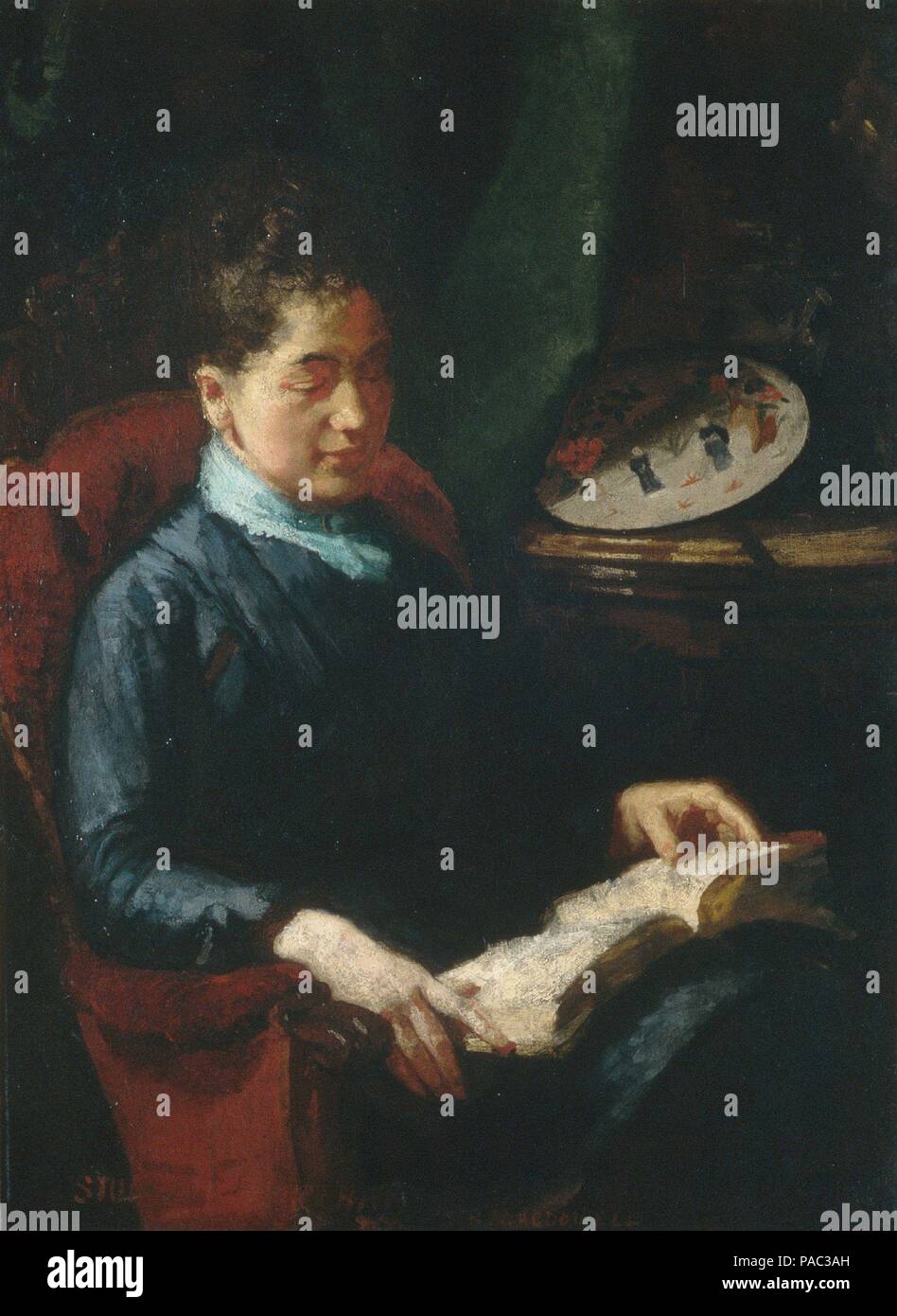 Frau liest. Künstler: Susan Macdowell Eakins (1851-1938). Abmessungen: 38 x 28 in. (96,5 x 71,1 cm). Datum: 1879-84. Susan Macdowell, einem ehemaligen Schüler von Thomas Eakins's an der Pennsylvania Akademie der Bildenden Künste, heiratete ihn 1884. In erster Linie ein porträtist, Sie häufig Familienmitglieder im inneren Einstellungen dargestellt. Ihr Modell Hier kann ihre Schwester gewesen, Elizabeth, deren zukünftigen Ehemann erscheinen würden, als "Der Denker" im Jahr 1900 (17.172). Der Lüfter auf der Tabelle steht Susan Eakins's Interesse an der japanischen Kunst, die sich auch durch das Buch der Drucke signalisiert wird, hält sie in ihres Mannes portra Stockfoto