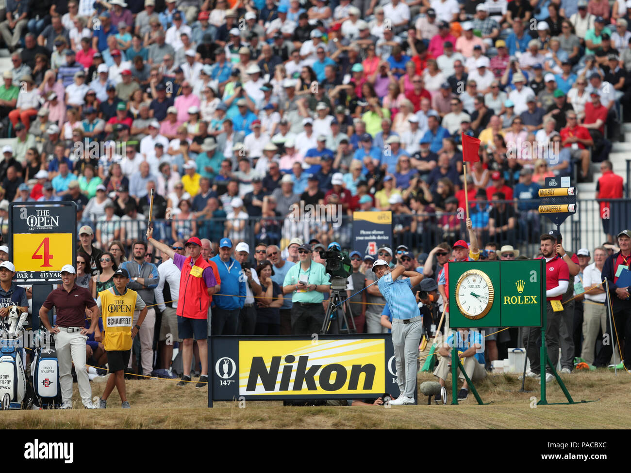 Die USA Xander Schauffele T-Stücken aus der 4. in den 3. Tag der offenen Meisterschaft 2018 bei Carnoustie Golf Links, Angus. Stockfoto