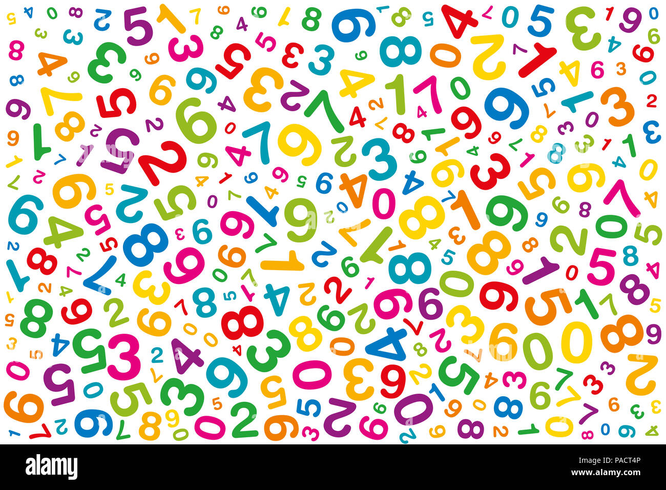 Twisted farbigen Zahlen. Zufällig verteilten Ziffern. Symbol Bild für Numerologie oder Flut von Daten. Eins zu Null unorganisiert in verschiedenen Größen. Stockfoto