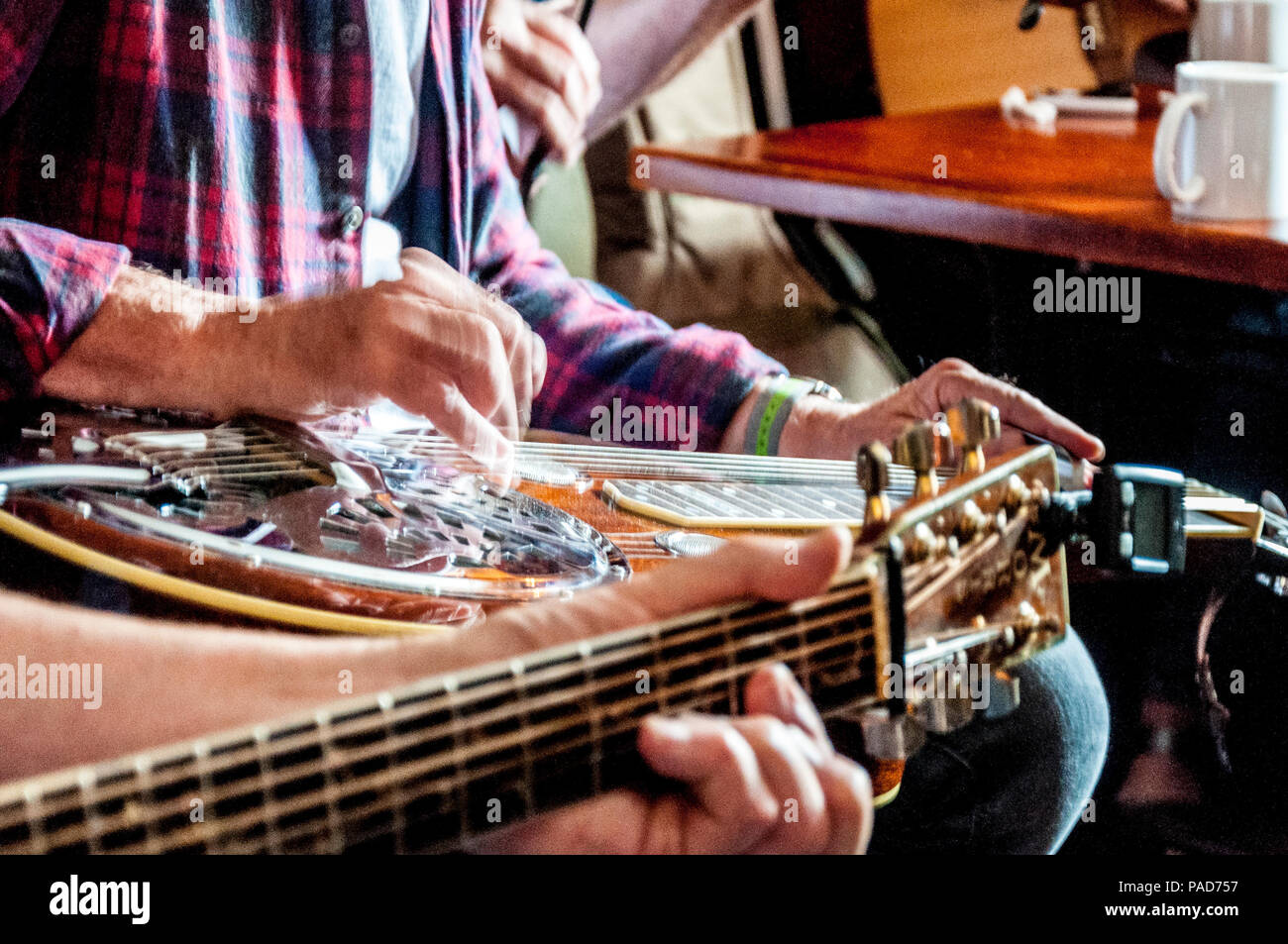Ardara, County Donegal, Irland. 22. Juli 2018. Eine musikalische "Buzz im Bienenstock Bar als Musiker in der 11. jährliche Bluegrass Music Festival spielen in dieser nord-west Dorf an der Küste. Bluegrass Music hat Verbindungen mit der traditionellen Musik in den USA durch Emigration Irische und Schottische Volk im 19. Jahrhundert. Credit: Richard Wayman/Alamy leben Nachrichten Stockfoto