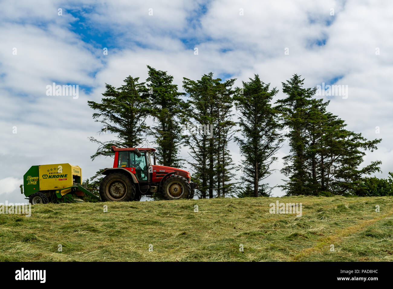 Ballydehob, West Cork, Irland. 22. Juli, 2018. Hollum basierte Landwirt Michael Pat Ward sammelt Gras für die Herstellung von silage Querhölzer auf einem anderen sehr heißen Tag in Irland. Das Wetter ist wechselhaft im Laufe der nächsten Tage mit Regen Prognose für die ganze Woche. Die Temperaturen an den hohen Teens fallen/Low 20 Celsius. Credit: Andy Gibson/Alamy Leben Nachrichten. Stockfoto