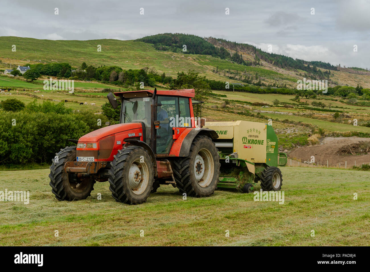 Ballydehob, West Cork, Irland. 22. Juli, 2018. Hollum basierte Landwirt Michael Pat Ward sammelt Gras für die Herstellung von silage Querhölzer auf einem anderen sehr heißen Tag in Irland. Das Wetter ist wechselhaft im Laufe der nächsten Tage mit Regen Prognose für die ganze Woche. Die Temperaturen an den hohen Teens fallen/Low 20 Celsius. Credit: Andy Gibson/Alamy Leben Nachrichten. Stockfoto
