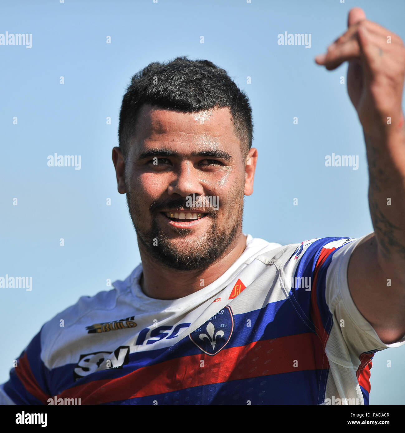 Mobile Rakete Stadion, Wakefield, Großbritannien. 22. Juli, 2018. Betfred Super League Rugby League zwischen Wakefield Trinity vs Rumpf FC; David Fifita zeigt Freude zu gewinnen. Dean Williams/Alamy leben Nachrichten Stockfoto