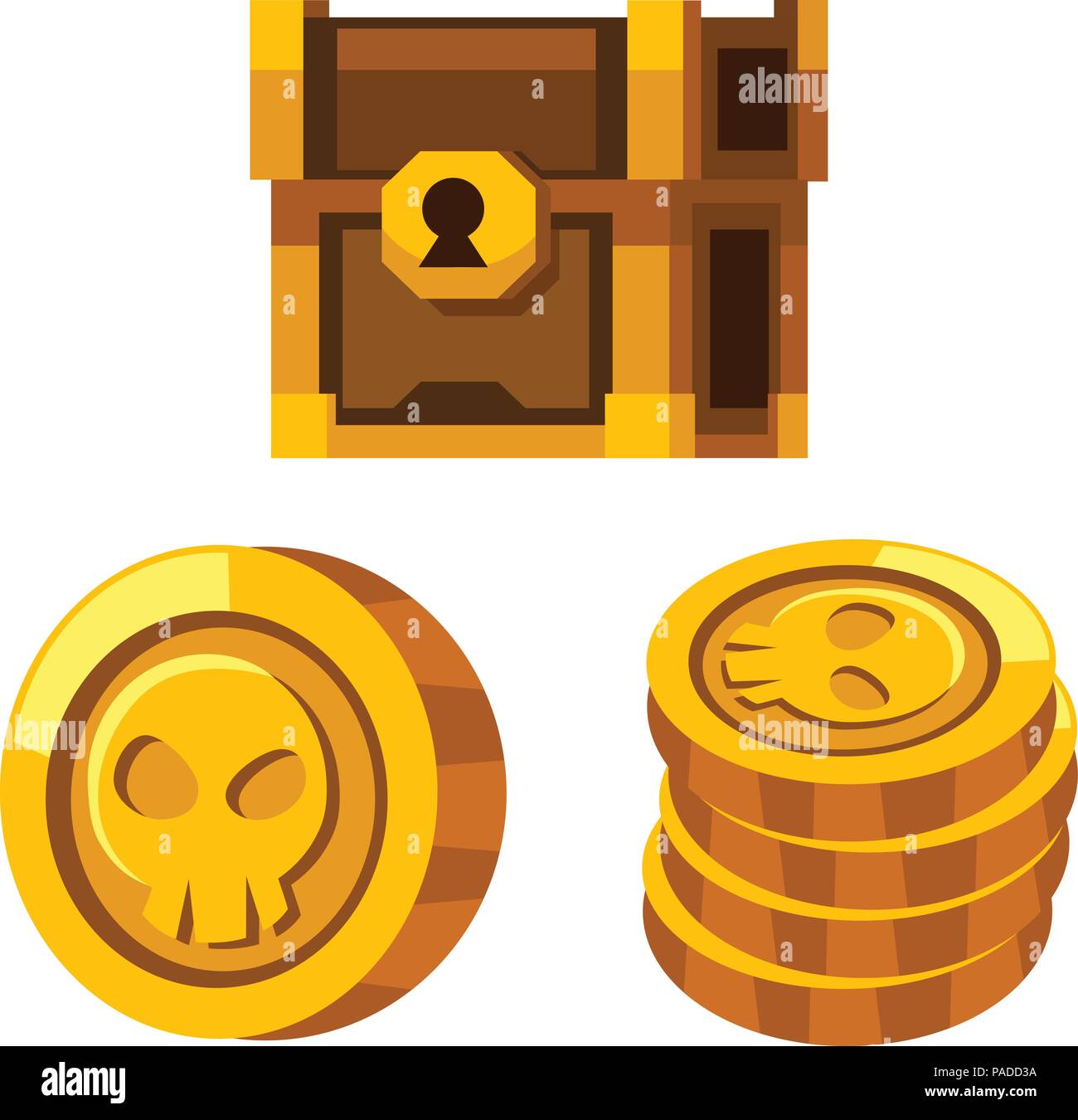 Cartoon goldenen Münzen, geschlossene Lade aus Holz Stock Vektor