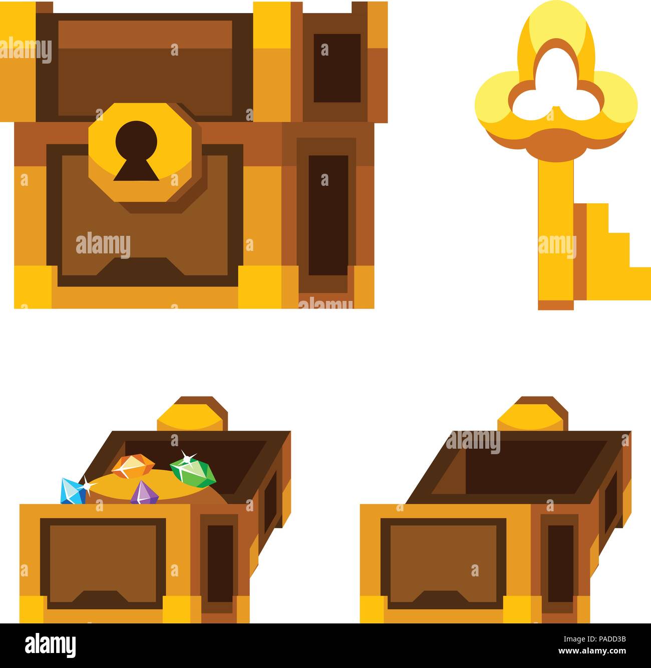 Cartoon hölzerne Truhe mit Gold und Schlüssel Stock Vektor